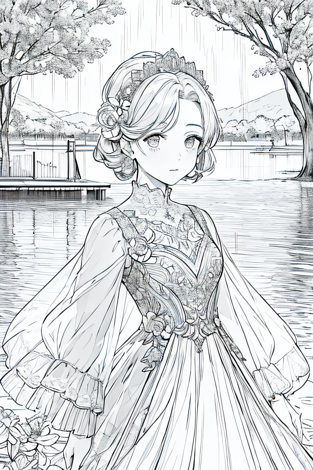 (mejor calidad, obra maestra), lienzo de 8k, 1 elegant and delicate girl, vestida con un hermoso vestido blanco y colorido, de lado, en un hermoso fondo floral con lluvia y reflejada en el lago, tomada desde arriba, en estilo lineart monocromo.