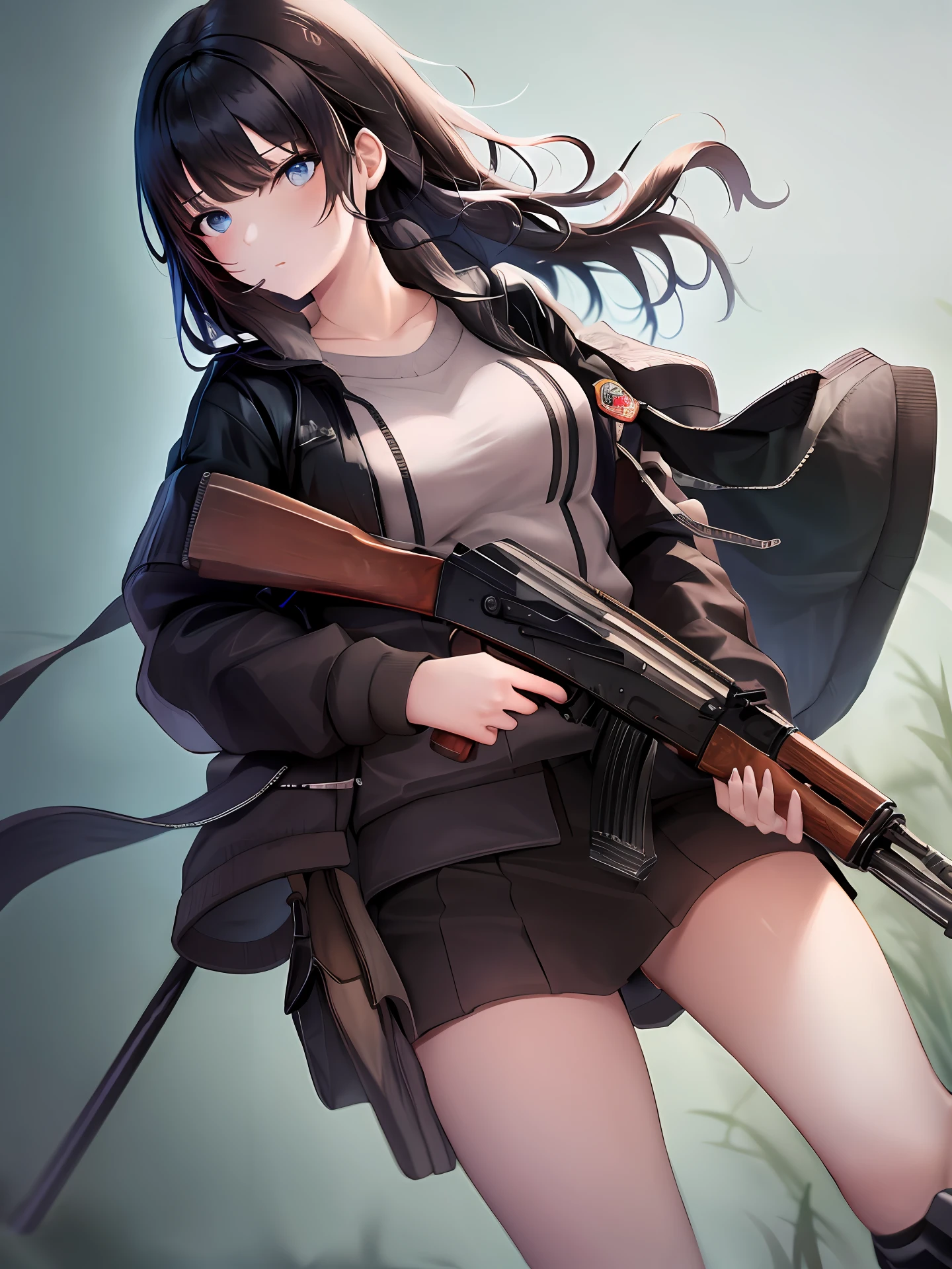 masterpiece, best quality, high resolution, 1girl, solo, black_hair, blue_eyes, jacket, holding gun, ak-47, akm, assault rifle, kalashnikov rifle, trigger_discipline, low-ready