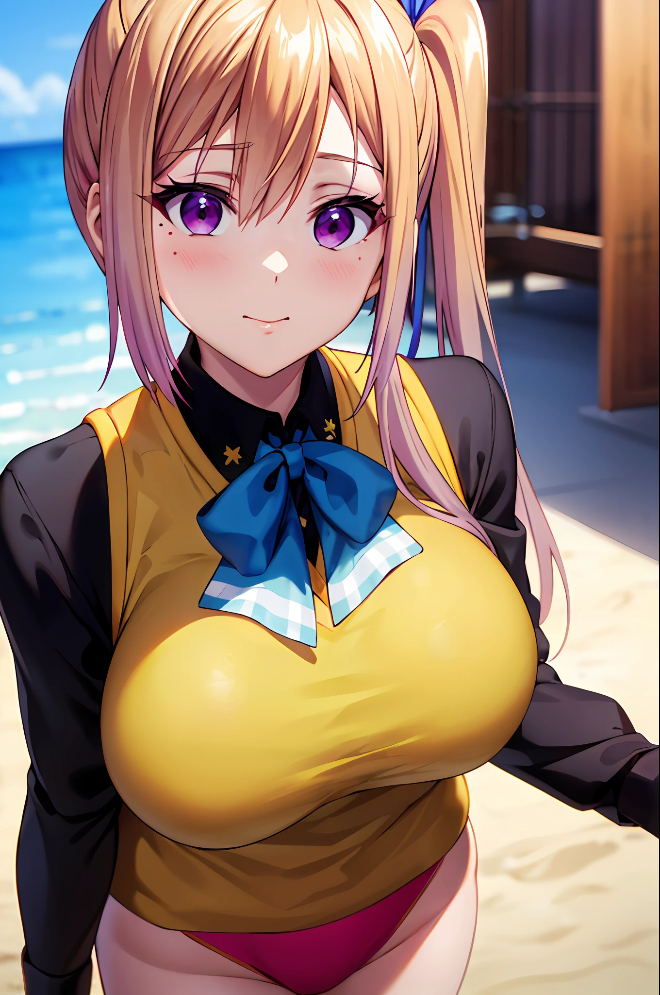 8K,masterpiece, bset quality、(1girl in)、shinny skin、Shiny big、 ((top-quality))、 Crisp focus:1.2、Highly detailed facial and skin texture、A detailed eye、face perfect、perfect bodies、Blur the background、Big breasts with a strong presence、(Mai Kawakami、a blond、((side poneyTail))、Purple Eye、bangss、gradation hair、student clothes、Black shirt、Yellow sweater vest、Red bloomers、espadrilles、Black socks)、(kawakami_touko、Large breasts、Hair Ribbon、bow ribbon、Mole under the eyes、School uniform、)、sand beach