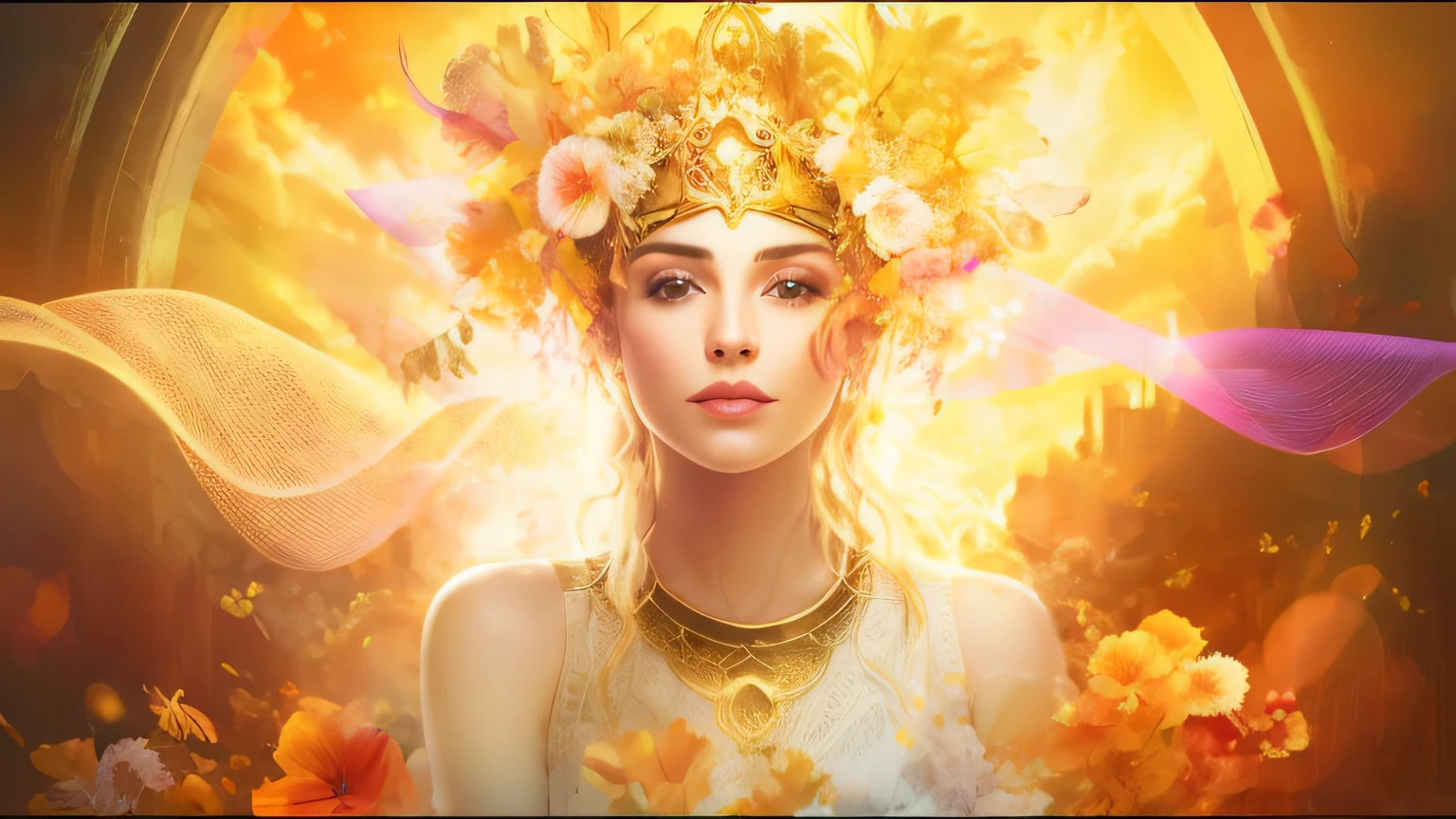 a mulher mais linda do mundo com uma coroa e flores no cabelo, como a deusa do sol, Deusa do Sol, Um retrato impressionante de uma deusa, Retrato de uma bela deusa, deusa flor, Retrato da Deusa, Deusa do outono, deusa bonita, A Deusa da Colheita de Outono, irradiando luz dourada, Retrato da deusa 3D, retrato close-up da deusa, Deusa da Luz --auto