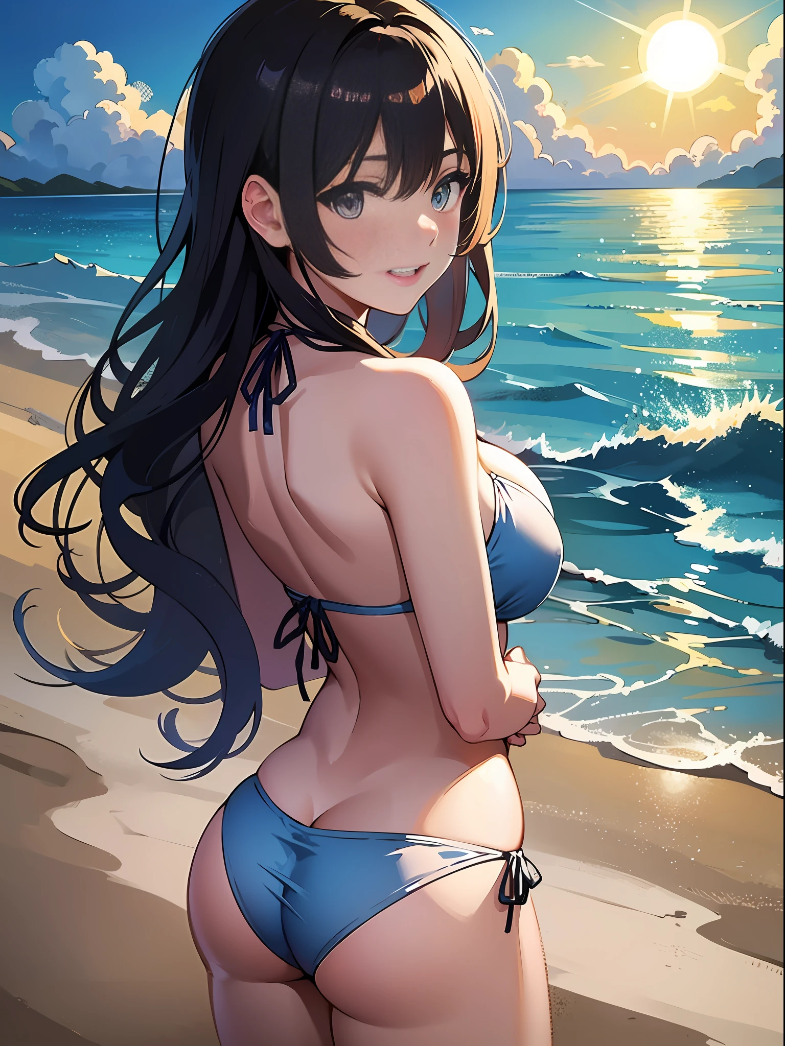 masterpiece、ultra-quality、ultra-detailliert、Perfect drawing、独奏、girl with、((pretty bikini))、Round and cute buttocks、((bulging bust top))、red blush:(0.2)、perspiring、{{{sun burn:(1.5)}}}、A smile、18year old、blue-sky、cumulonimbus clouds、glowing sun、shores、sand beach、Shot from diagonally below the back、bustup、see -through、beatiful backgrounds、Accurate drawing、Detailed drawing