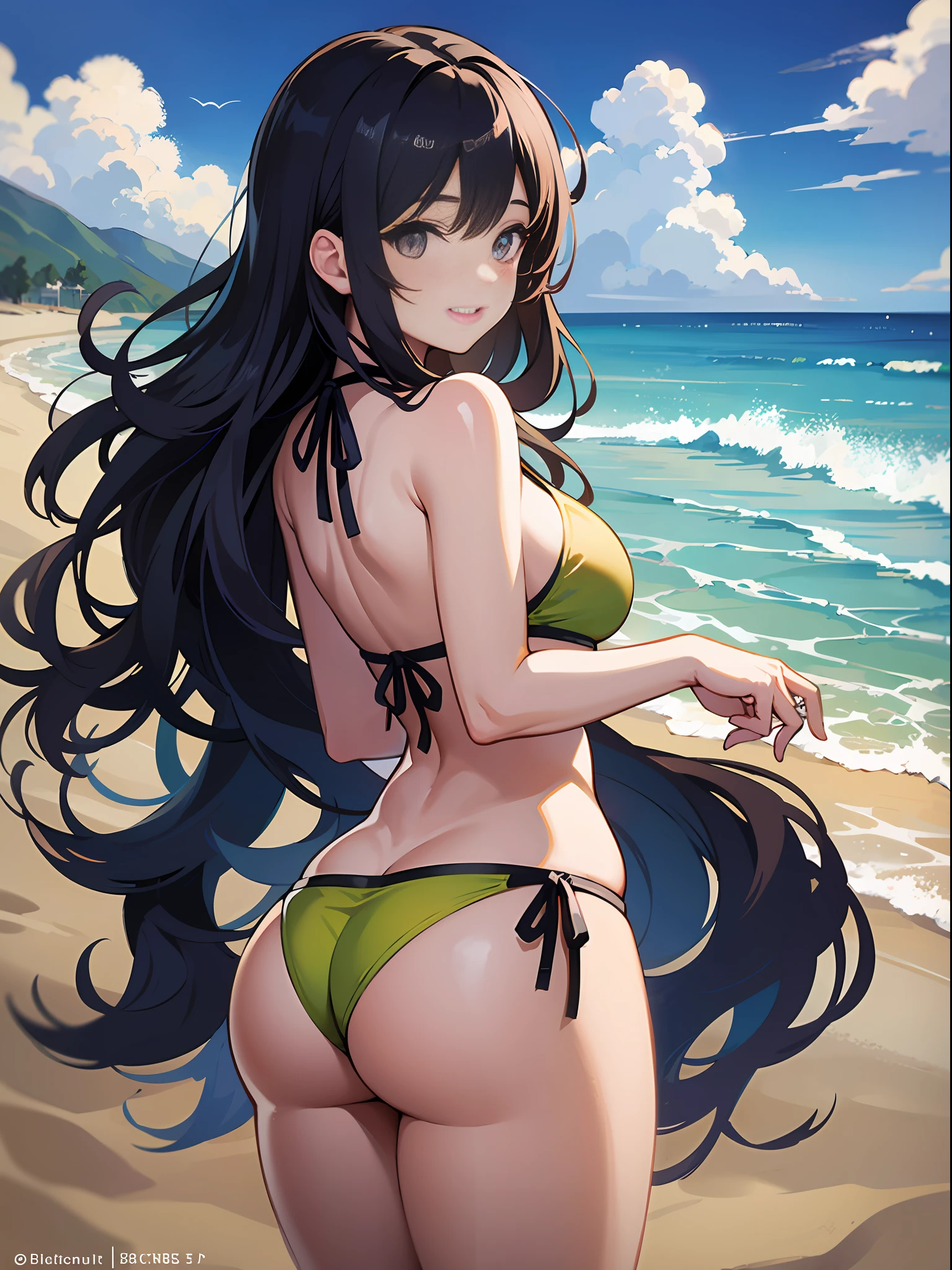 masterpiece、ultra-quality、ultra-detailliert、Perfect drawing、独奏、girl with、((pretty bikini))、Round and cute buttocks、((bulging bust top))、red blush:(0.2)、perspiring、{{{sun burn:(1.5)}}}、A smile、18year old、blue-sky、cumulonimbus clouds、glowing sun、shores、sand beach、Shot from diagonally below the back、bustup、see -through、beatiful backgrounds、Accurate drawing、Detailed drawing