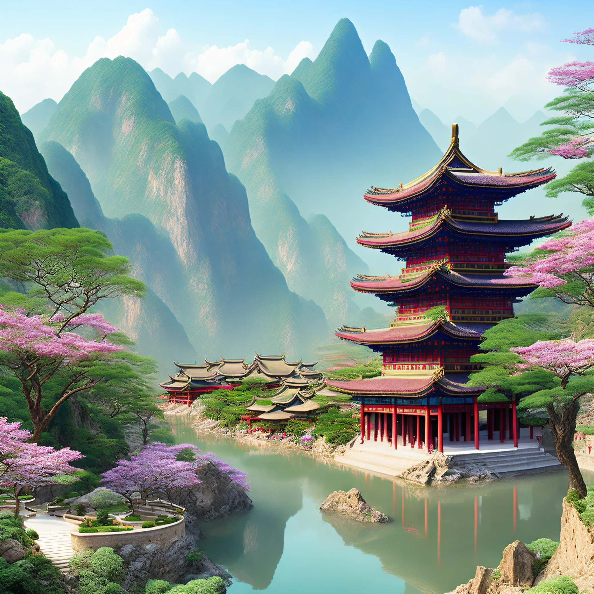 mdjrny-pprct,Chinese architecture, gardens, mountains and rivers, clouds, (high detailed:1.2)