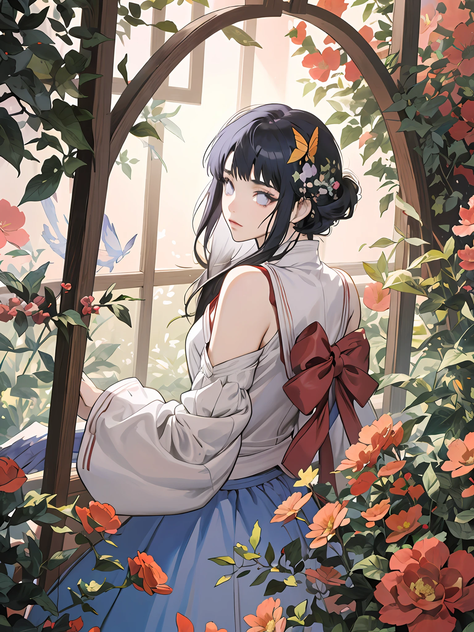 anime girl sitting in a garden with apples and flowers, guweiz, guweiz on pixiv artstation, guweiz on artstation pixiv, romanticism art style, artwork in the style of guweiz, dark blue haired  princess, guweiz masterpiece, kawacy, beautiful anime portrait, purple eyes, blunt bangs,  butterflies, long hair