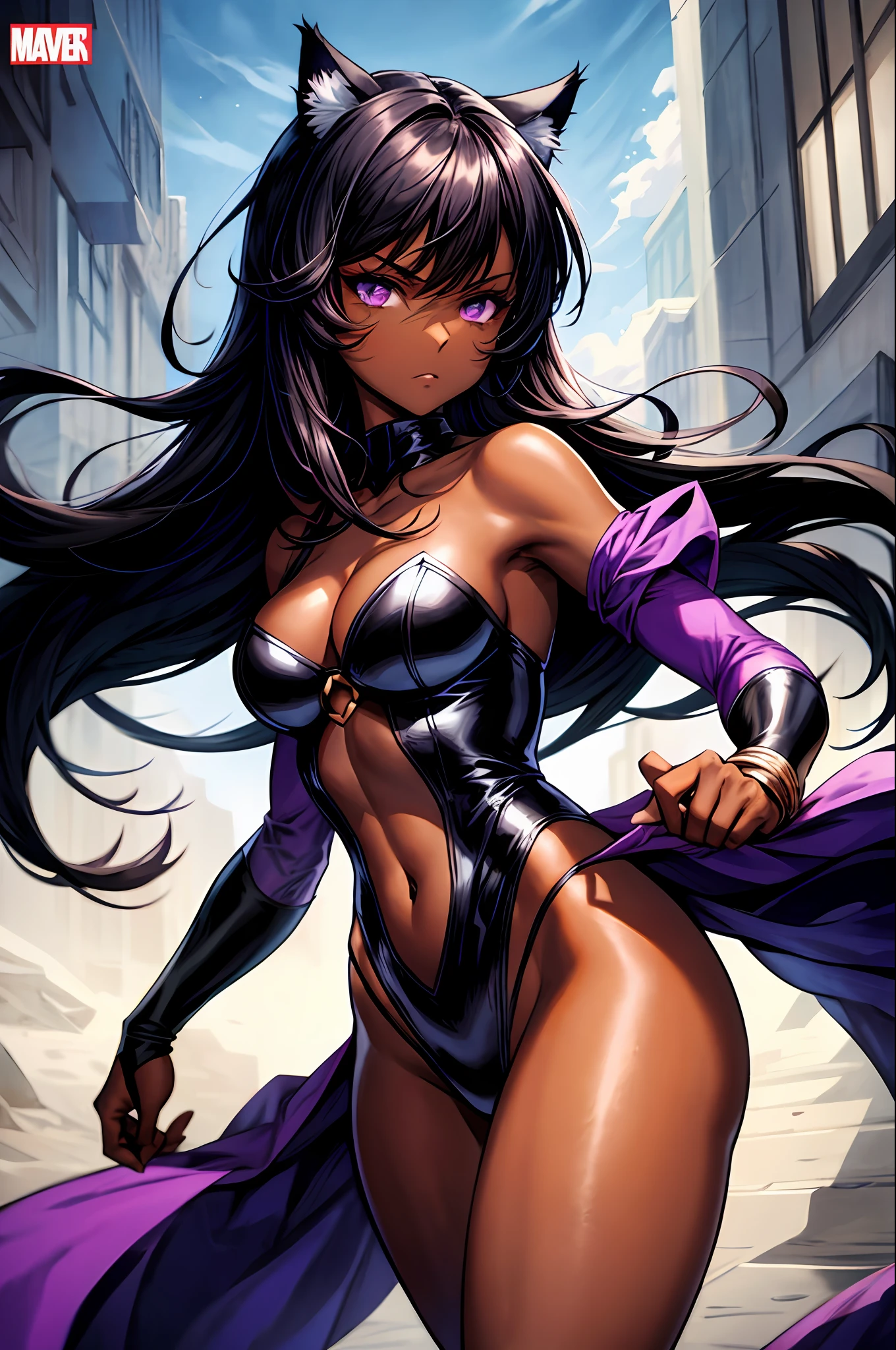 Masterpiece, Excellent, 1girl, solo, complex details, color diffusion, comic book, anime, marvel, DC, catgirl, dark skin, ebony, brown skin, dark-skinned female, thighs, cat ears, dark hair, black hair, purple eyes, skimpy attire, epic attire, assassin, badass, deadly but sexy, trending, demon, goddess