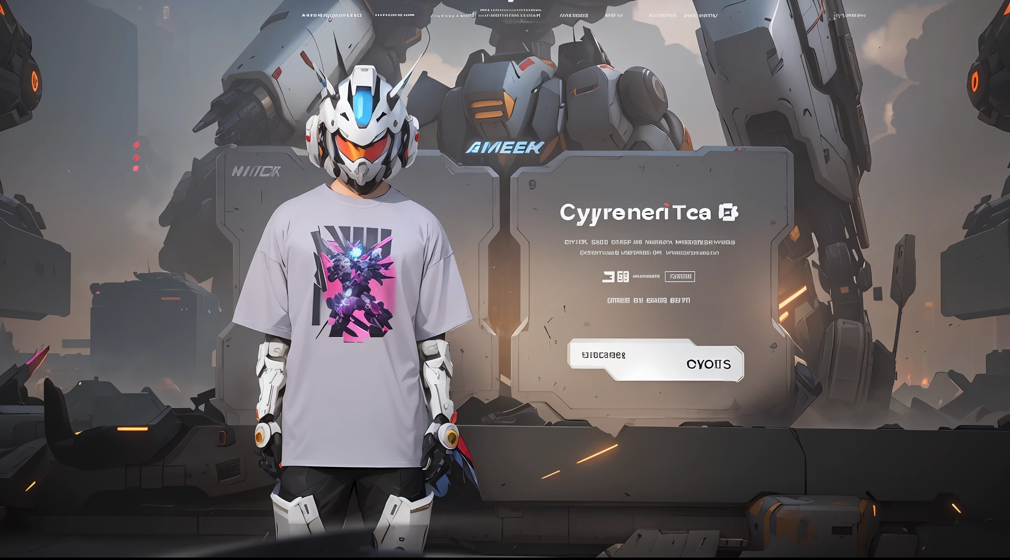 arafed tee shirt with a robot on it and a man in a helmet, combat mech clothes, overwatch inspired, overwatch design, ethereal and mecha theme, muted cyberpunk style, mecha inspired, cybertech wear, cyber universe style, anime mecha aesthetic, gundam style, futuristic clothing and helmet, overwatch style, wearing cyberpunk streetwear, rendered on octane