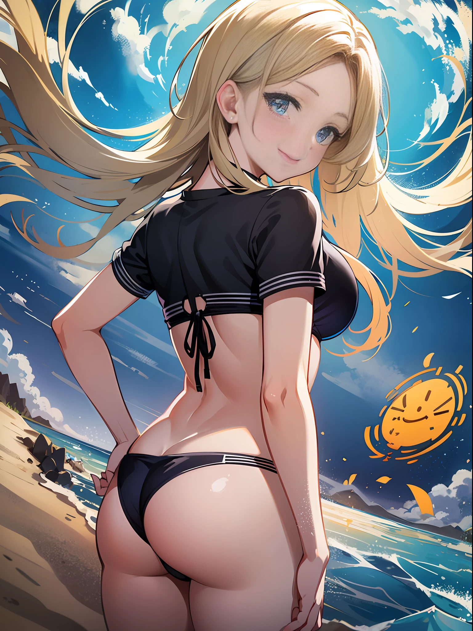 ​masterpiece、ultra-quality、ultra-detailliert、Perfect drawing、独奏、girl with、((pretty bikini))、Round and cute buttocks、((bulging bust top))、red blush:(0.2)、perspiring、｛｛｛sun burn:(1.5)｝｝｝、A smile、18year old、blue-sky、cumulonimbus clouds、glowing sun、shores、sand beach、Shot from diagonally below the back、bustup、see -through、beatiful backgrounds、Accurate drawing、Detailed drawing