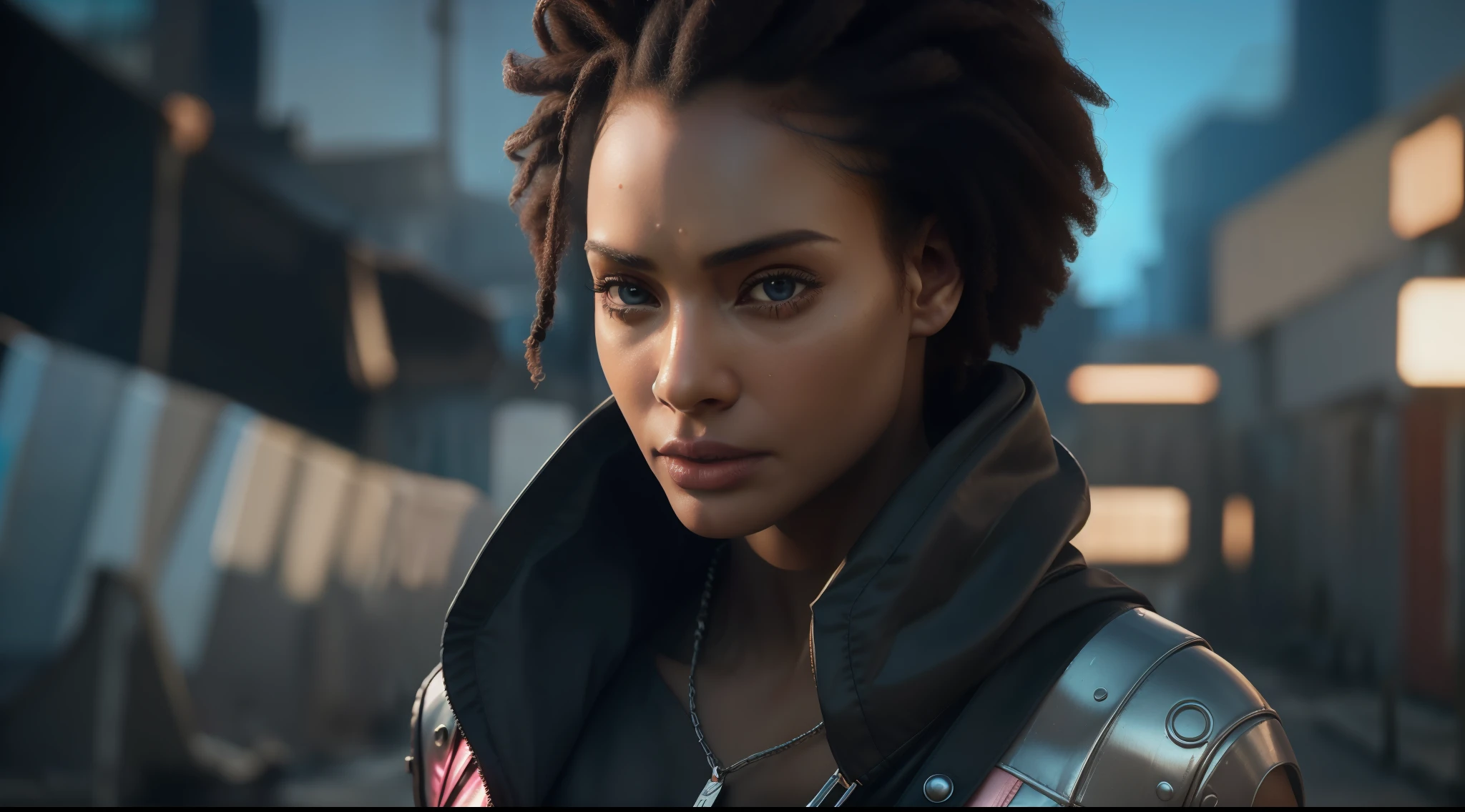8k, ARTISTIC photography, best quality, masterpiece: 1.2), (realistic, photorealistic: 1.37), over-detailed, (high-detail skin: 1.2), 8k uhd, , professional lighting, photonic display, brightness, physically rendered photo (cyber punk Corpo Girl, Executive, Black woman on a street of shanty town ), beautiful face ((India Amarteifio)), ((half smile)), over-detailed face, (((big open eyes))), beautiful body, voluptuous, (( dressed in a Futuristic Corporate Dress )), (((over-detailed clothing))), (((the color of the clothes is Pink)), (((futuristic minimalist outfits))), posing, in a shanty town street as background, (((pure 8K))), (((perfect anatomy))), extremely high-quality graphics, midday sunlight, (((cinematic lighting))), ((clear details)), complex, highly detailed background,