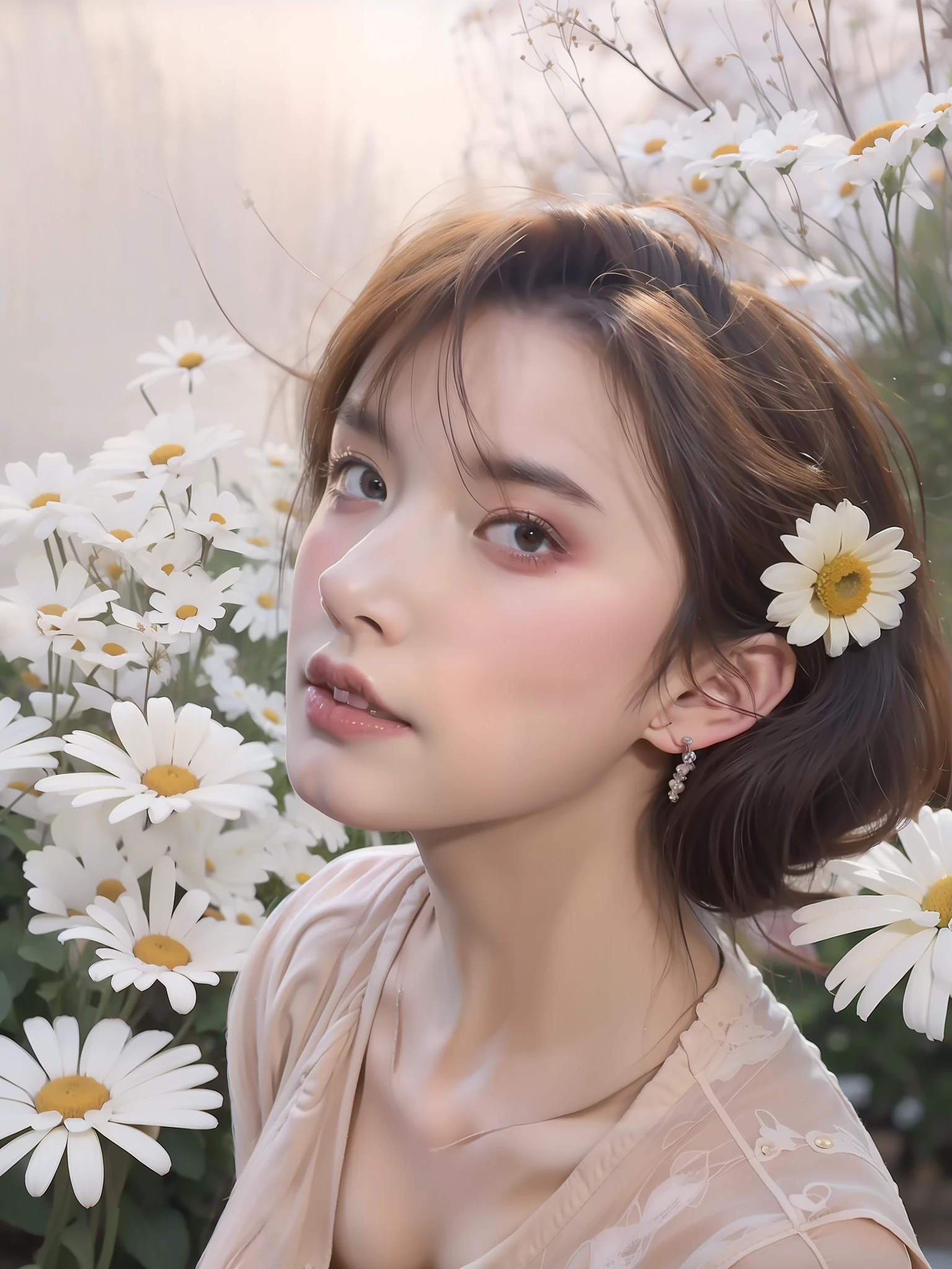 a woman with a flower in her hair standing in front of a field of daisies;, retrato de alta qualidade, kawaii retrato realista, foto retrato suave 8 k, 8 k arte digital realista, foto retrato realista, pintura realista da menina bonito, Arte no estilo de Guweiz, Realistic portrait, bela foto realista, estilo de arte realista, retrato realista da foto, inspirado em Yanjun Cheng