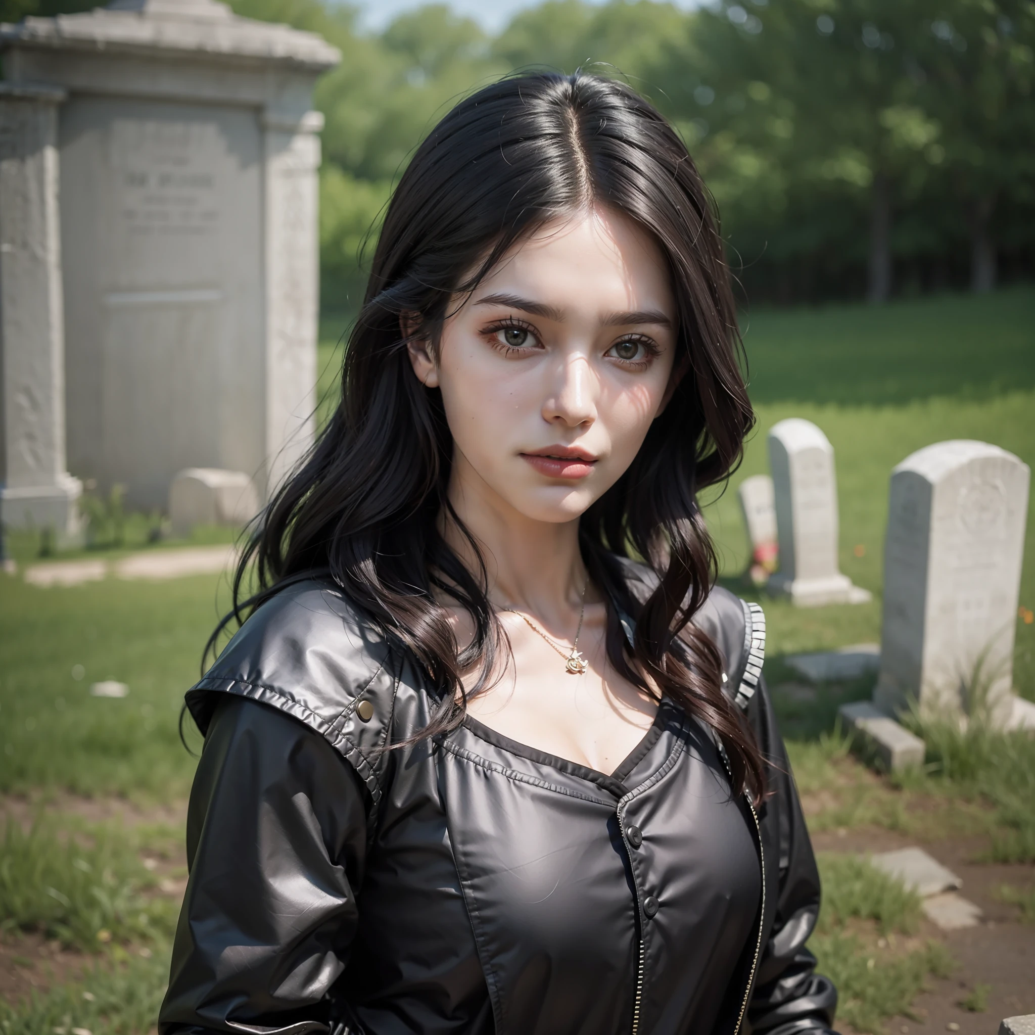 Yennefer from the game The Witcher in an ancient cemetery wearing modern clothes