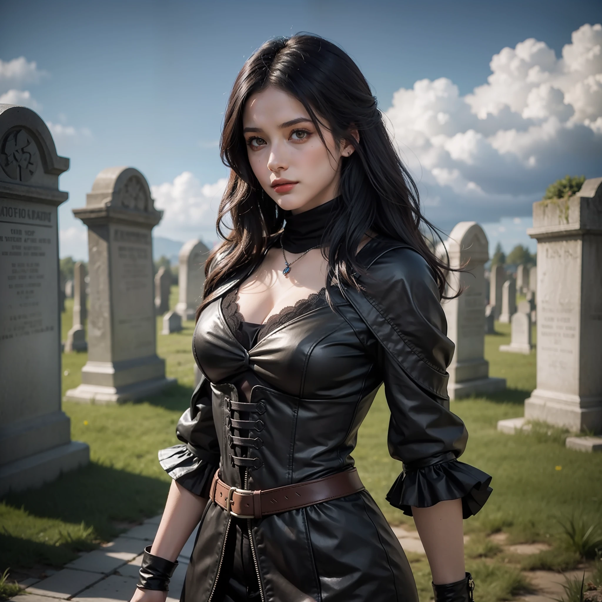 Yennefer from the game The Witcher in an ancient cemetery wearing modern clothes