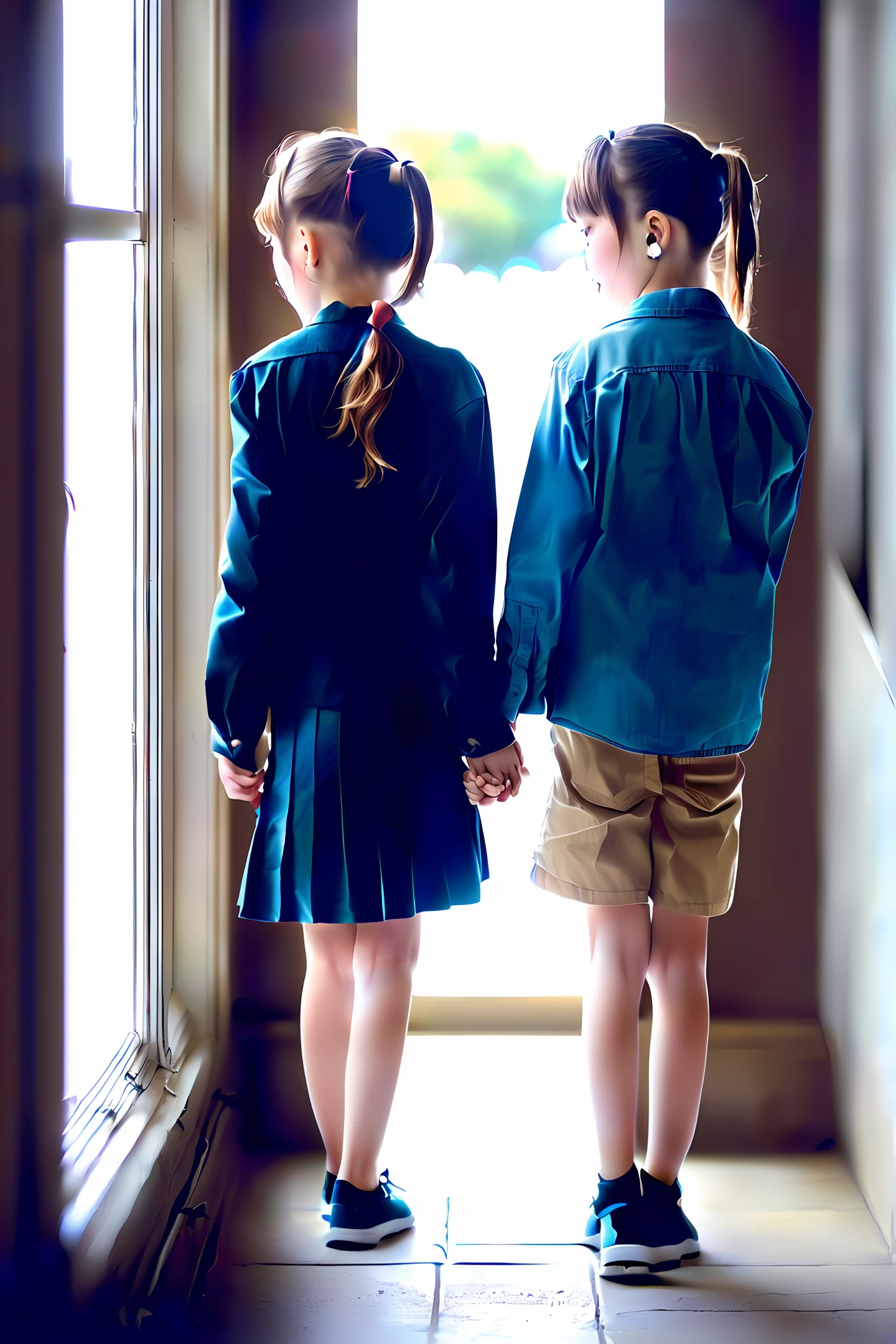 A high school couple walking in the school building holding hands The wall is white Outside the window is a plane tree Sunlight pours in through the window Girls have ponytails Boys have short hair Girls are shorter than boys Tilt their heads and say I love you The boy is slightly shy and says I'm too