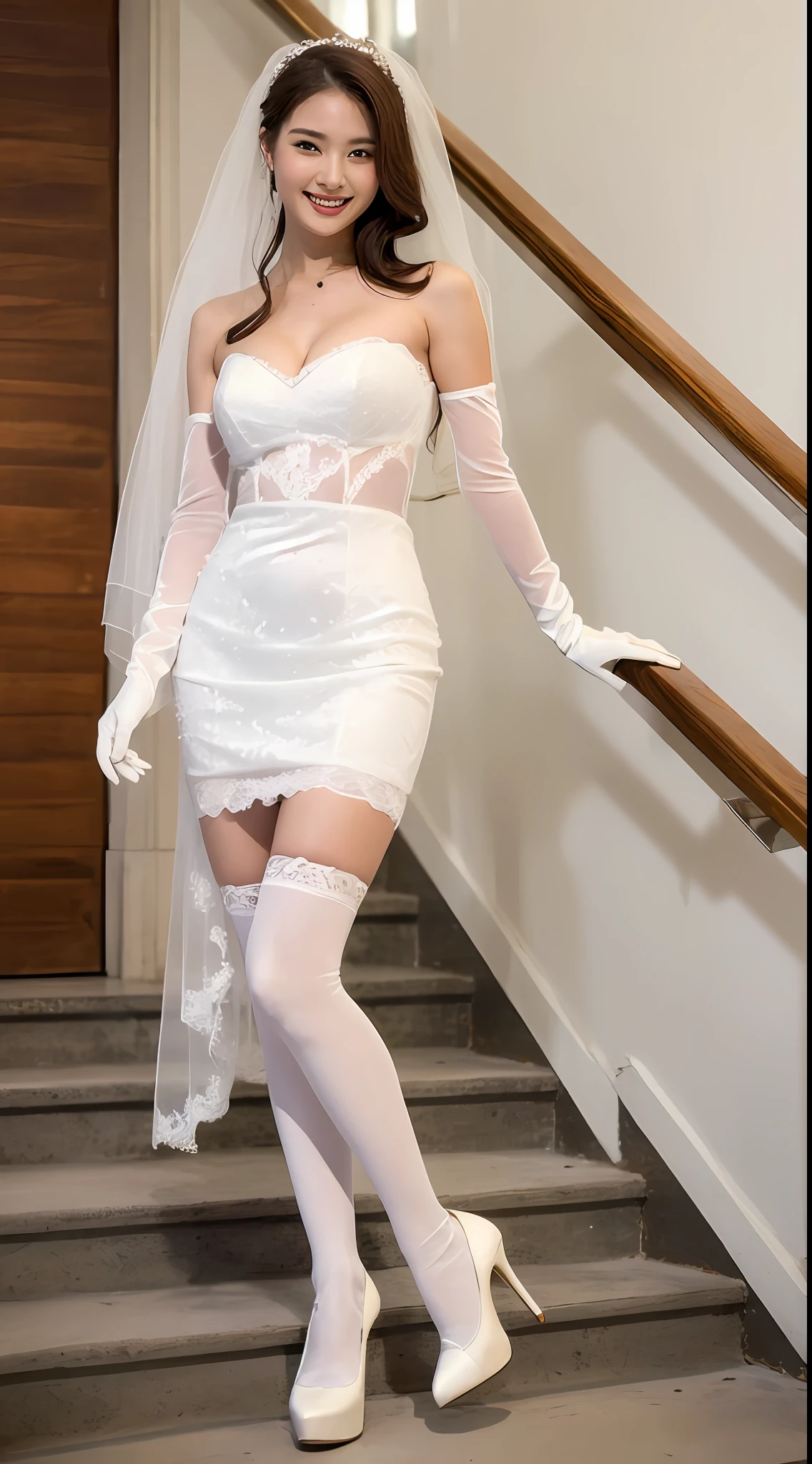 ((top-quality、masterpiece:1.3)), fullllbody, long legged, foco nítido:1.2, Cute woman with perfect body shape smiling face:1.4, Slender Abs:1.1, ((dark brown hair、hugetits:1.2)), (White gorgeous sexy wedding dresses:1.5、White veil:1.5、long gloves in white satin:1.5、、white stockings、White high heels, is standing:1.2), ((Stairs in a Western-style building:1.3)), Highly detailed facial and skin texture, A detailed eye, 二重まぶた、hugetits、You can see up to your feet