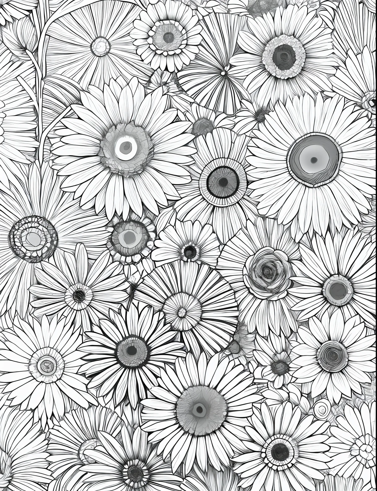 Zengtangle in high resolution, fondo blanco. con patrones bien separados uno del otro de flores tipo garabato para colorear, made with very black lines, Sin marco, llenar todo el cuadro.