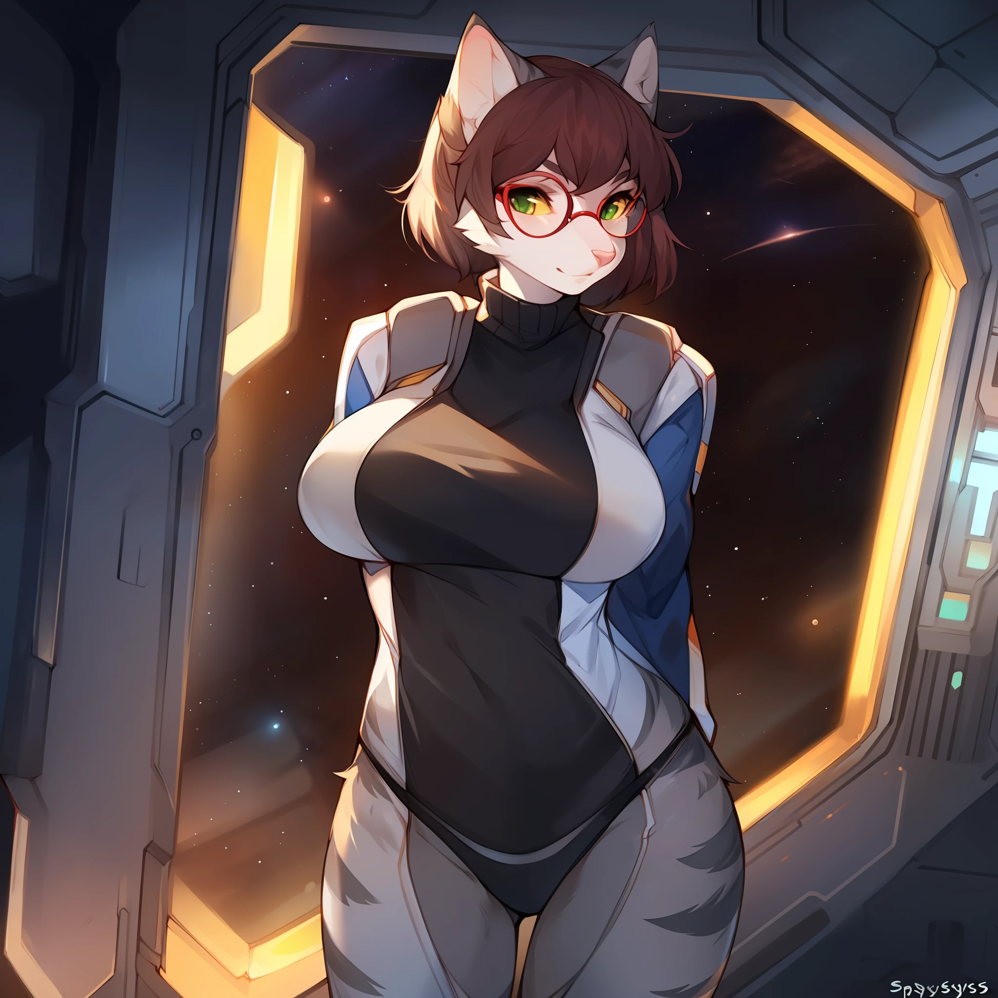 Solo, female, feline, cat, silver tabby, green eyes with yellow sclera, black thong, short dark maroon hair, standing, snout, pink nose and pink inner ear, medium big breasts, (((red glasses))), ((by spuydjeks, by bebebebebe)), ((very light grey body with light grey stripes)), spacesuit, turtleneck, uniform, space, spaceship, window