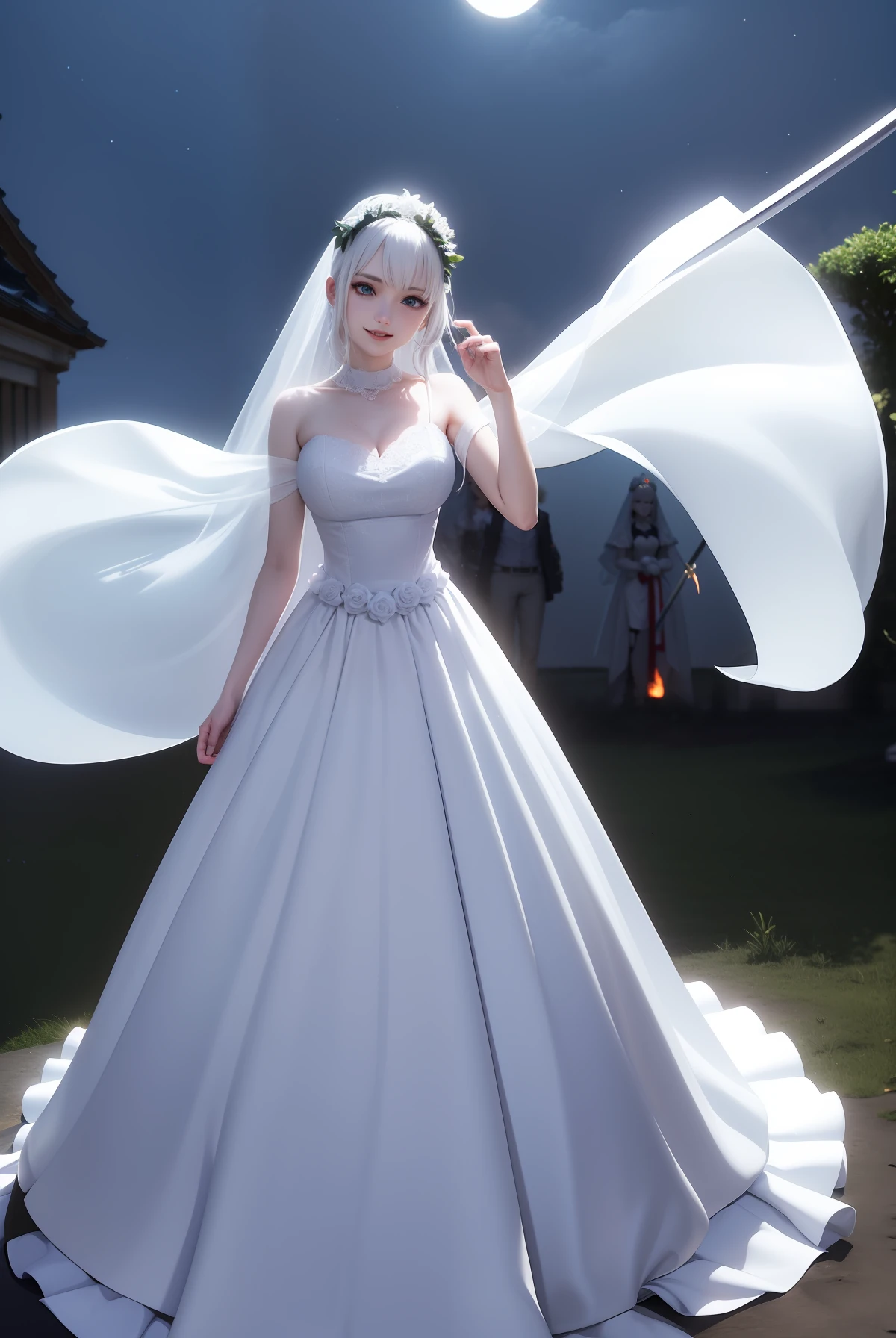 A blue-eyed,Tall and lean,Have temperament,Princess with long white hair wearing a white wedding dress,gently smiling,mito,8K high quality,3d,photorealestic,电影灯光,Under the moon,Complex skirts,There was a black-clad swordsman beside him