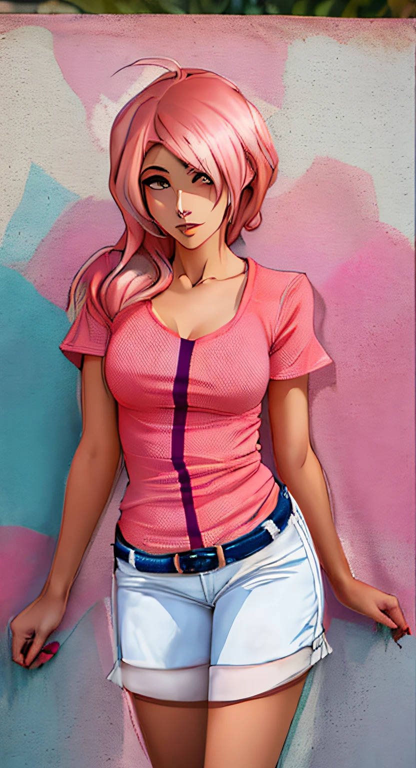 Garota anime em camisa rosa e shorts brancos encostados em uma parede, Pose casual, anime atraente, totalmente vestido. pintura de sexy, usando roupas casuais, estilo de arte realista, algum rosa, menina sedutora, arte de anime realista, retrato de corpo inteiro de um curto!, menina anime realista, corpo perfeito sombreado realista, (((camiseta cor rosa))) ((( calelo castanho escuro longo cobrindo o olho esquerdo ))) parede lisa no fundo cinza