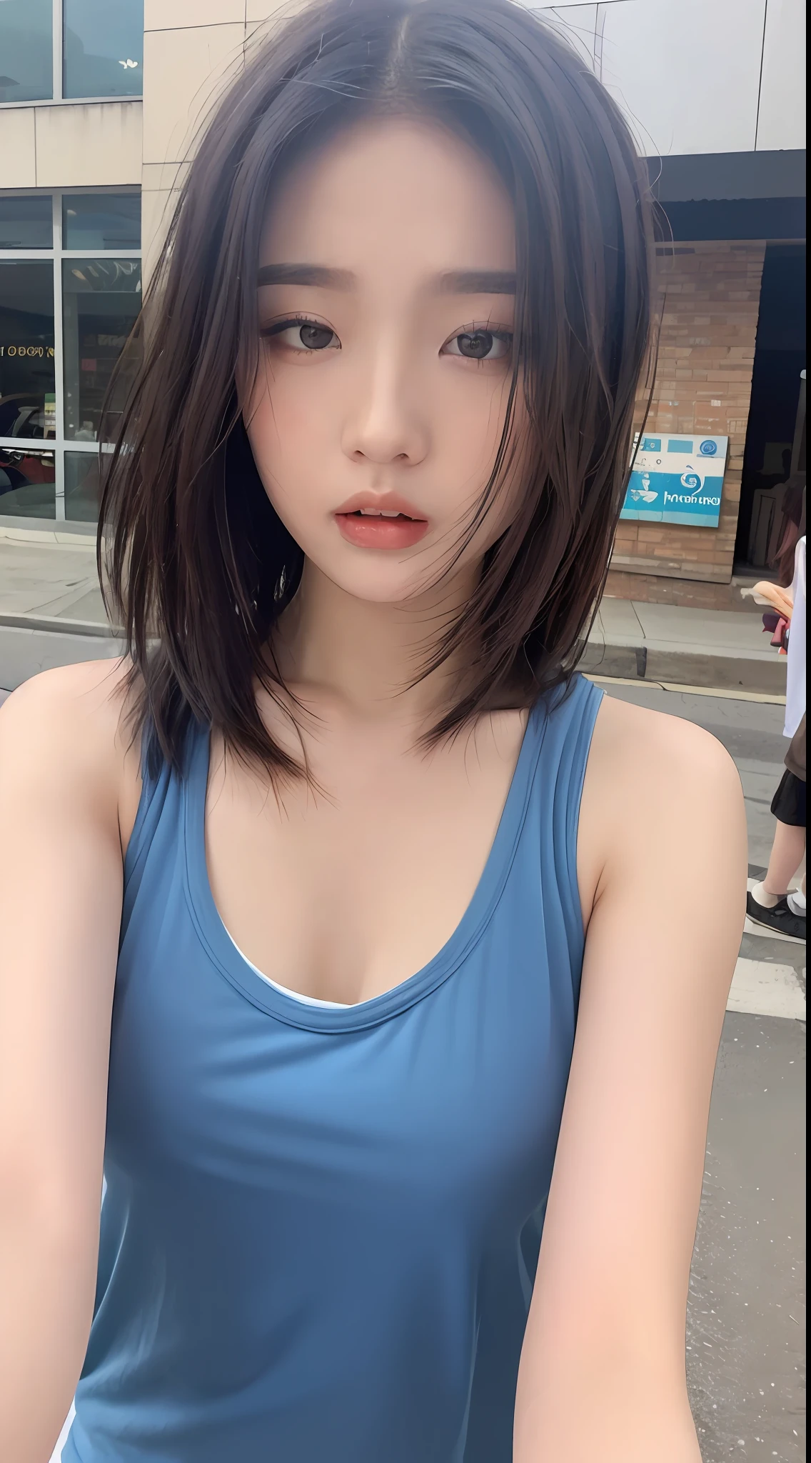 ((Best quality, 8k, Masterpiece :1.3)), Sharp focus:1.2, Perfect Body Beauty:1.4, Slim Abs:1.2, ((Layered hairstyle, Naughty expression: 1.2)), (Tank top shirt:1.1), (Street:1.2), Highly detailed face and skin texture, Fine eyes, Double eyelids