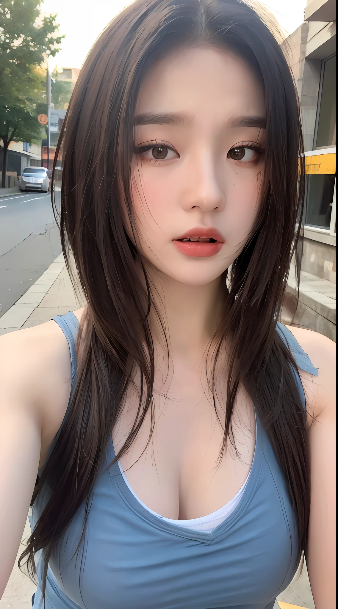 ((Best quality, 8k, Masterpiece :1.3)), Sharp focus:1.2, Perfect Body Beauty:1.4, Slim Abs:1.2, ((Layered hairstyle, Naughty expression: 1.2)), (Tank top shirt:1.1), (Street:1.2), Highly detailed face and skin texture, Fine eyes, Double eyelids