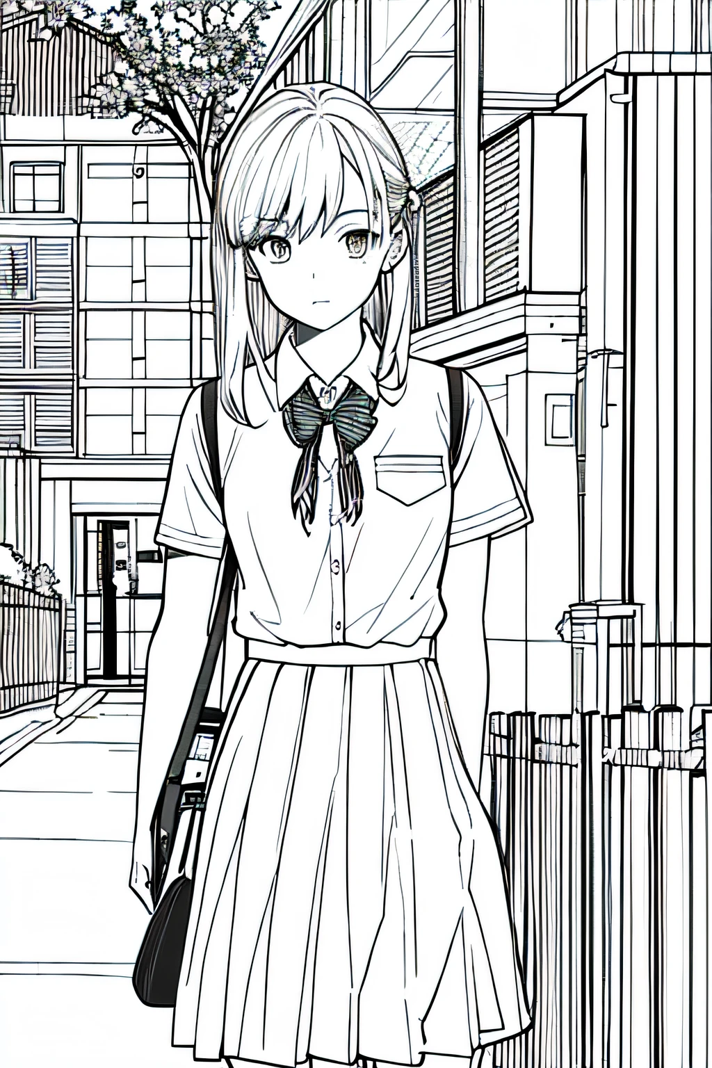 ((obra maestra), mejor calidad, lineart, monocromo, vista amplia), chica, sola, en un parque.