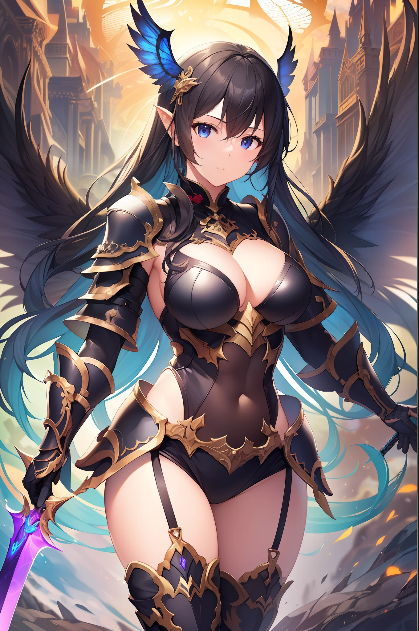 (Final Quality)、(high-level image quality)&(hight resolution)8K screen((1girl)+(cool)the pose+loimu+Great sword+(Black Armor)、beautiful wings、(Fractal art)A realistic fantasy world with lively details。
