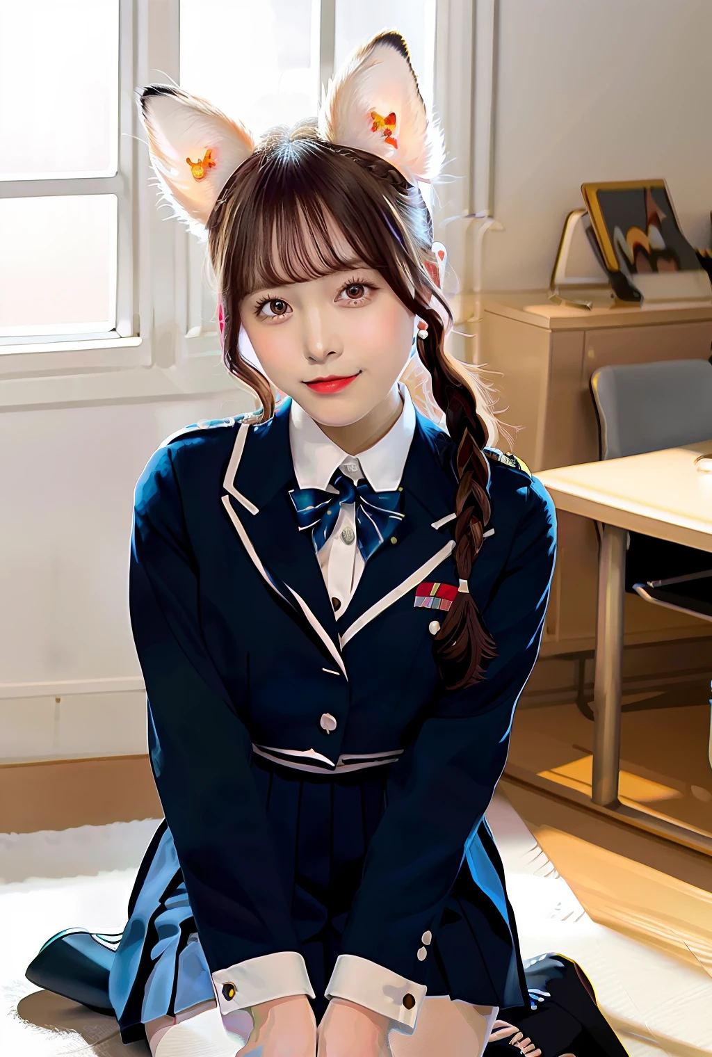 masutepiece, Best Quality,
(Illustrator \(Medium\):1.61051), (uniform:1.4641), (2girls:1.21), blush, (wariza:1.21), Detached collar, [braid:Twin-tailed:0.6], Fox ears, The tattoo, Game CG, Indoors,Perfect hands