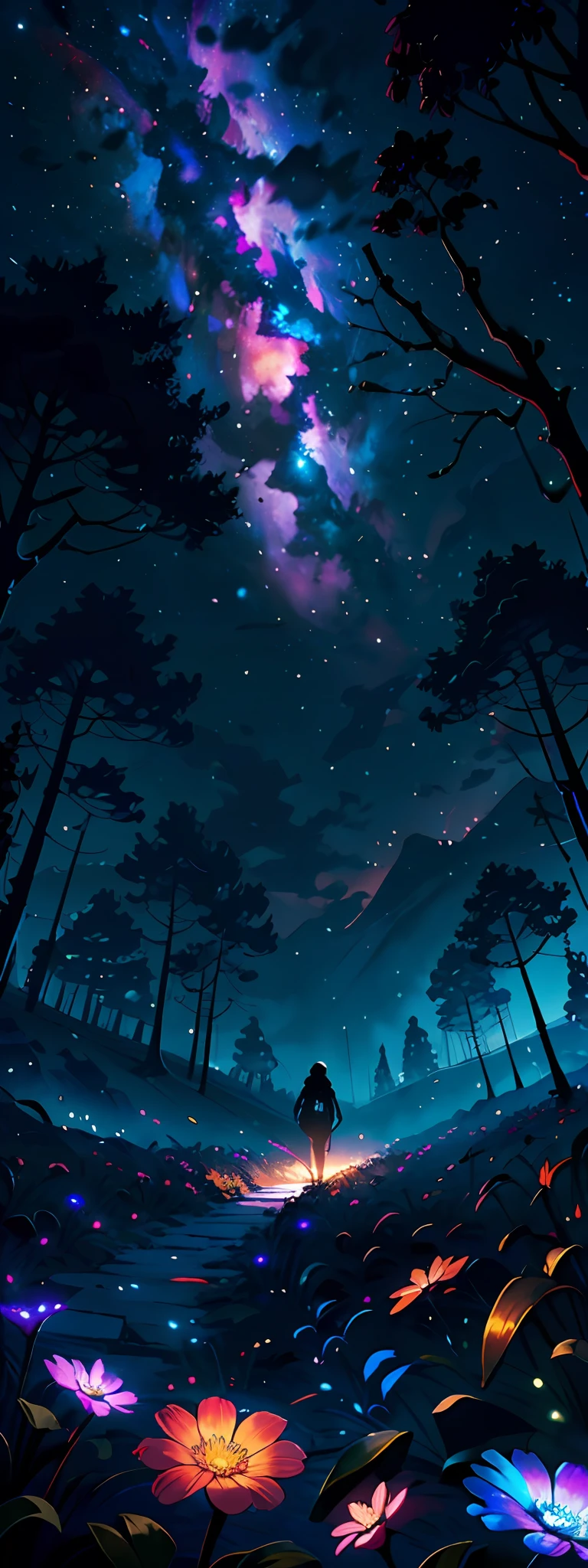 expansive landscape photograph , (a view from below that shows sky above and open field below), a girl standing on flower field looking up, (full moon:1.2), ( shooting stars:0.9), (nebula:1.3), distant mountain, tree BREAK
production art, (warm light source:1.2), (Firefly:1.2), lamp, lot of purple and orange, intricate details, volumetric lighting BREAK
(masterpiece:1.2), (best quality), 4k, ultra-detailed, (dynamic composition:1.4), highly detailed, colorful details,( iridescent colors:1.2), (glowing lighting, atmospheric lighting), dreamy, magical, (solo:1.2)
