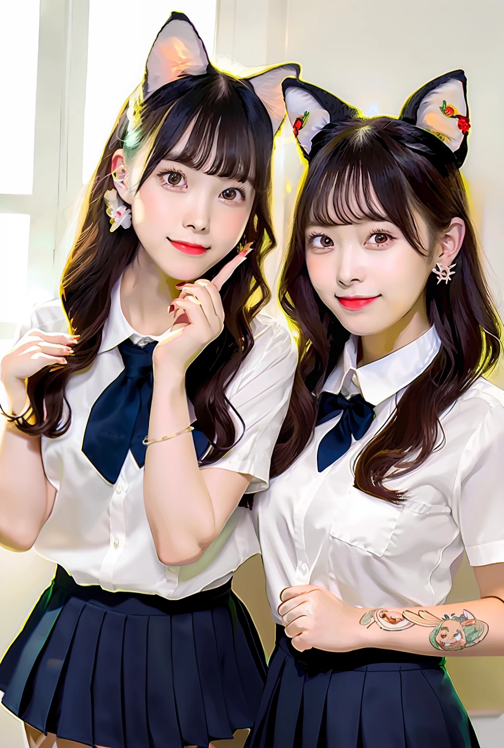 masutepiece, Best Quality,
(Illustrator \(Medium\):1.61051), (uniform:1.4641), (2girls:1.21), blush, (wariza:1.21), Detached collar, [braid:Twin-tailed:0.6], Fox ears, The tattoo, Game CG, Indoors,Perfect hands