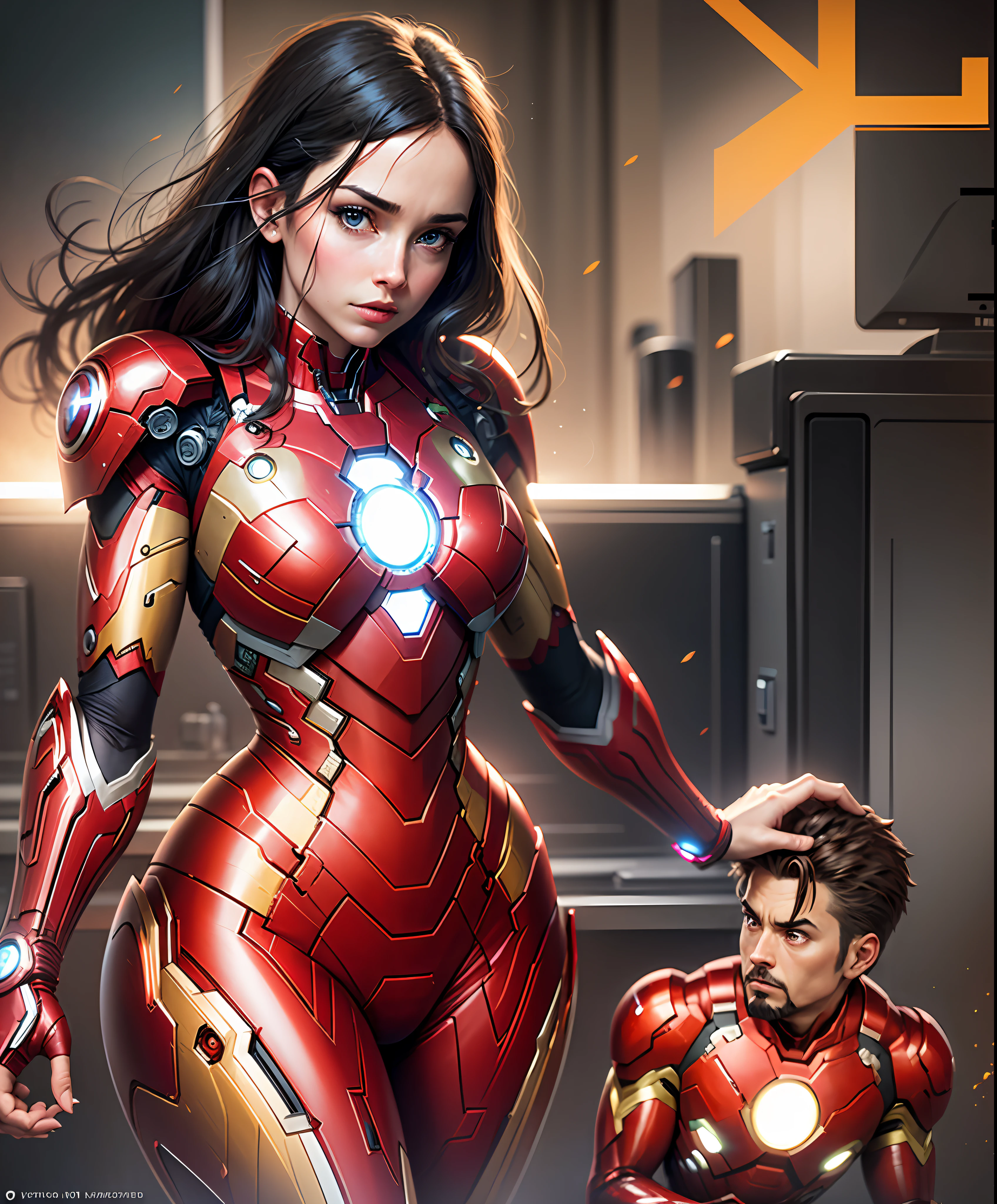 PC desktop, marvel style, The woman, hand forward, iron man style