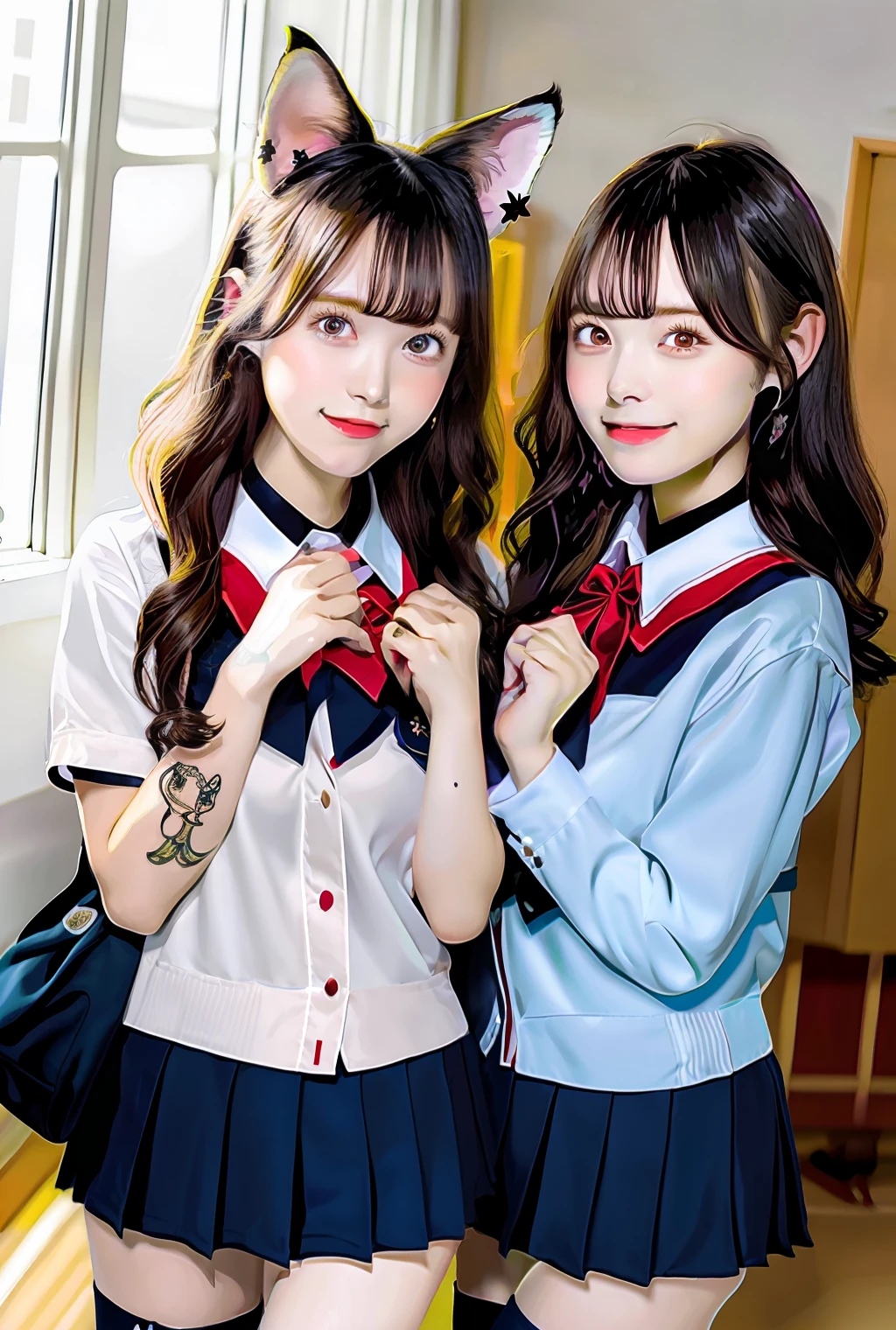 masutepiece, Best Quality,
(Illustrator \(Medium\):1.61051), (uniform:1.4641), (2girls:1.21), blush, (wariza:1.21), Detached collar, [braid:Twin-tailed:0.6], Fox ears, The tattoo, Game CG, Indoors,Perfect hands