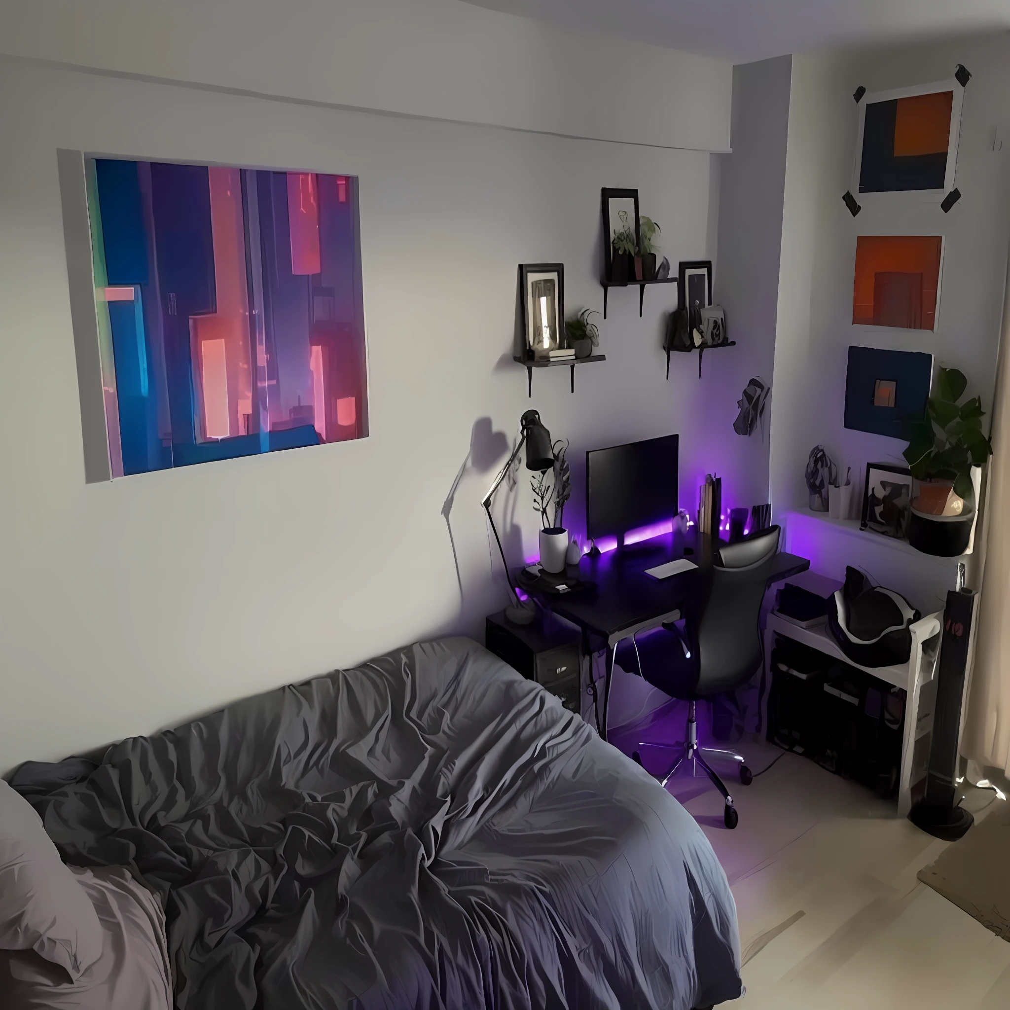 There is a bed with a gray duvet and a desk with a computer, ambient lighting from top, Cool purple gray lighting, vista completa para o quarto, Bottom lighting, in a cyberpunk themed room, dark setup, mysterious ambient lighting, Fresh purple slate blue lighting, extremely good lighting, high res 8k, luz ambiente muito bonita, Gloomy Illumination!!!