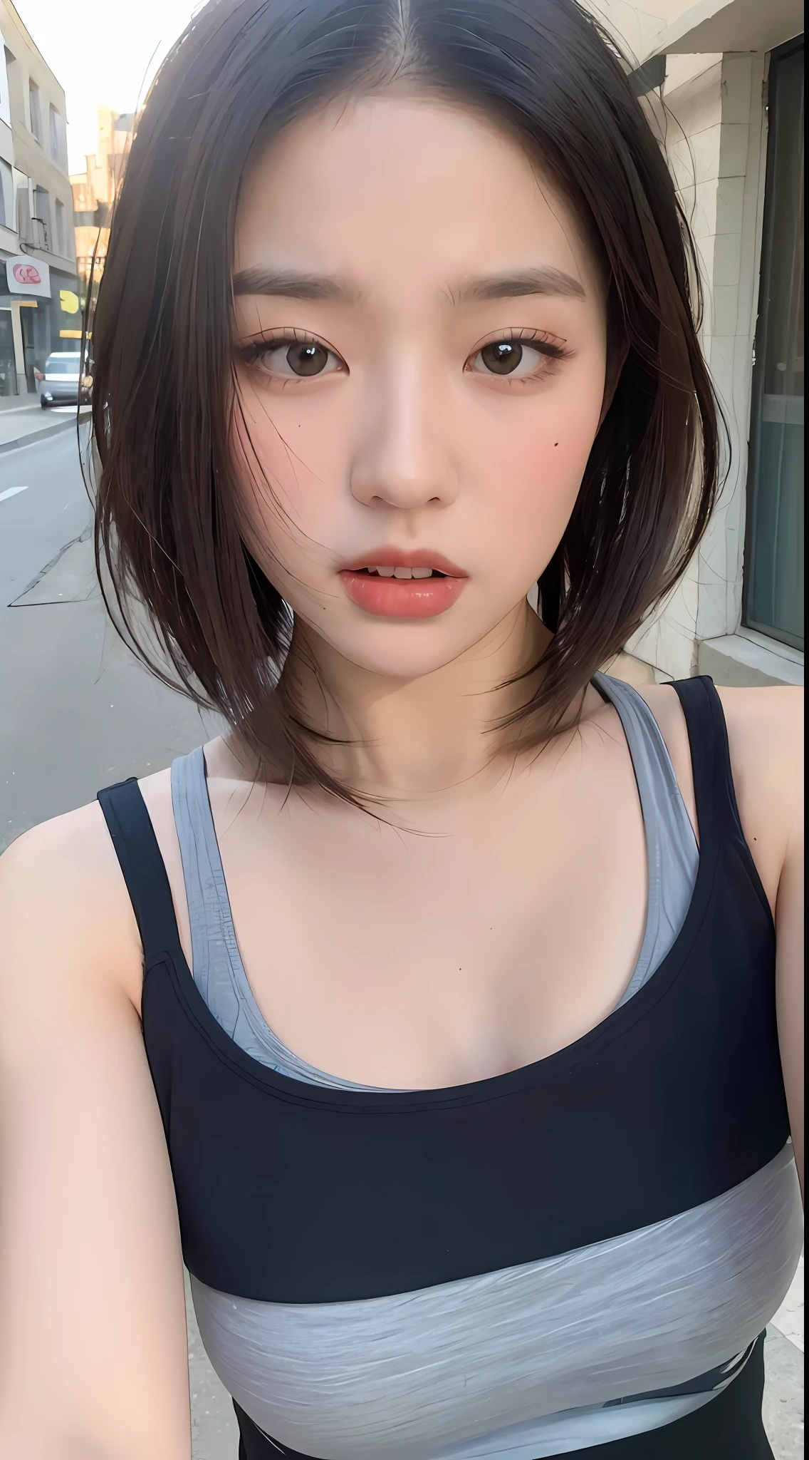 ((Best quality, 8k, Masterpiece :1.3)), Sharp focus:1.2, Perfect Body Beauty:1.4, Slim Abs:1.2, ((Layered hairstyle, Naughty expression: 1.2)), (Tank top shirt:1.1), (Street:1.2), Highly detailed face and skin texture, Fine eyes, Double eyelids