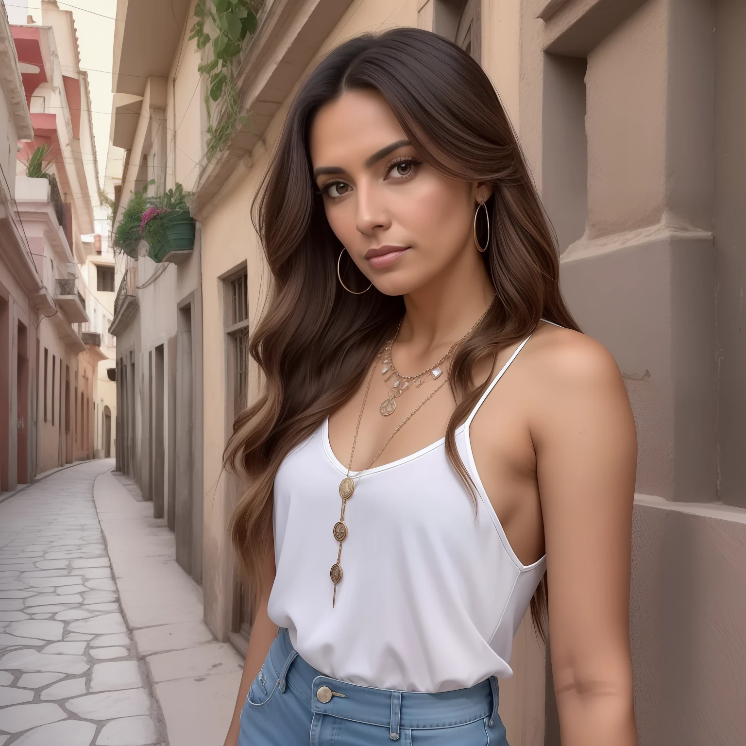 there is a woman with long hair and a necklace on, a picture inspired by Verónica Ruiz de Velasco, instagram, tachisme, 30-year-old woman from cuba, lorena avarez, fernanda suarez, alanis guillen, 30 years old woman, 3 0 years old woman, beautiful tan mexican woman