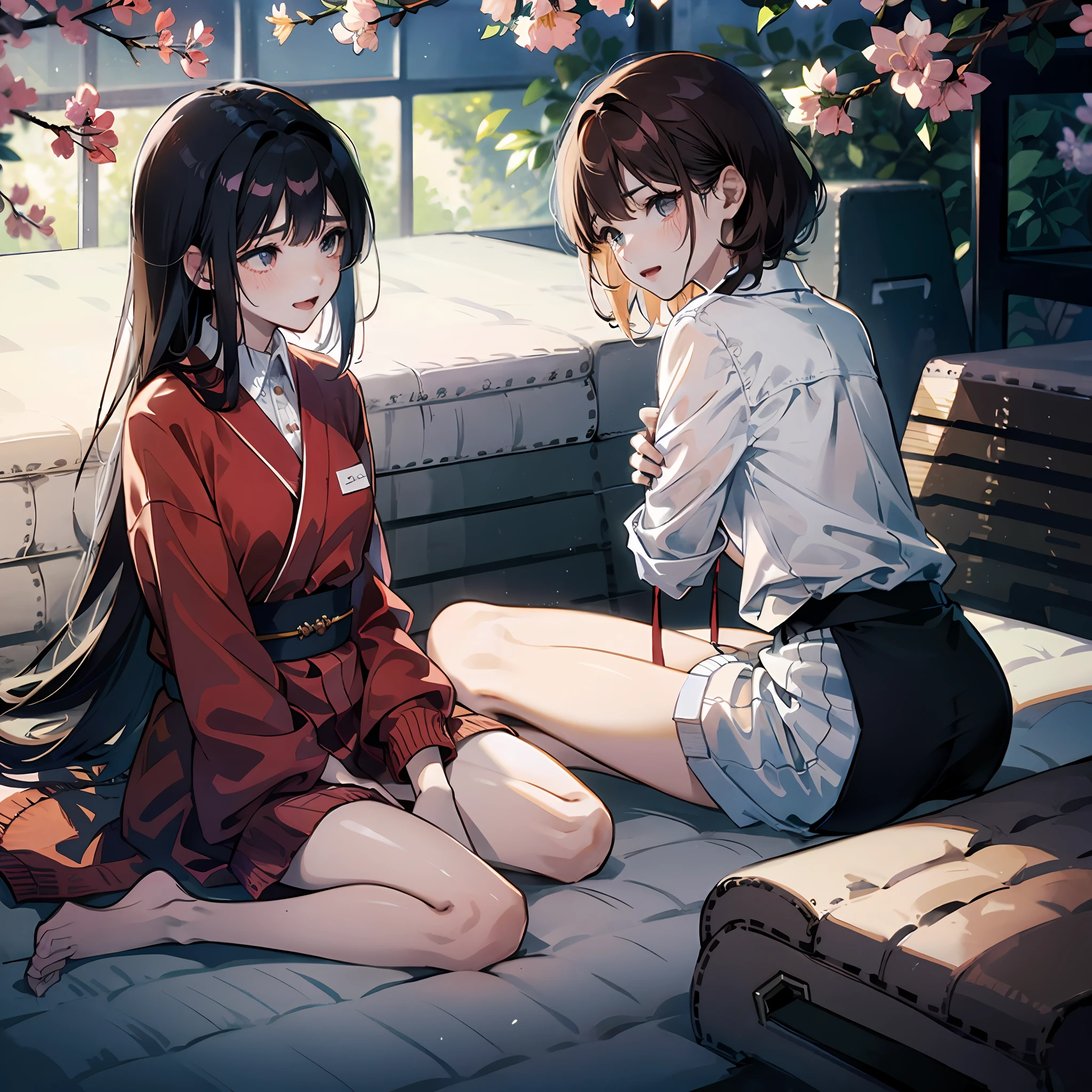 Anime girl sitting on bench，Next to it was another girl in a red dress, two beautiful anime girls, style of anime4 K, WLOP and Sakimichan, Kantai collection style, Anime girls, nixeu and sakimichan, Guviz-style artwork, girls resting, Guweiz in Pixiv ArtStation