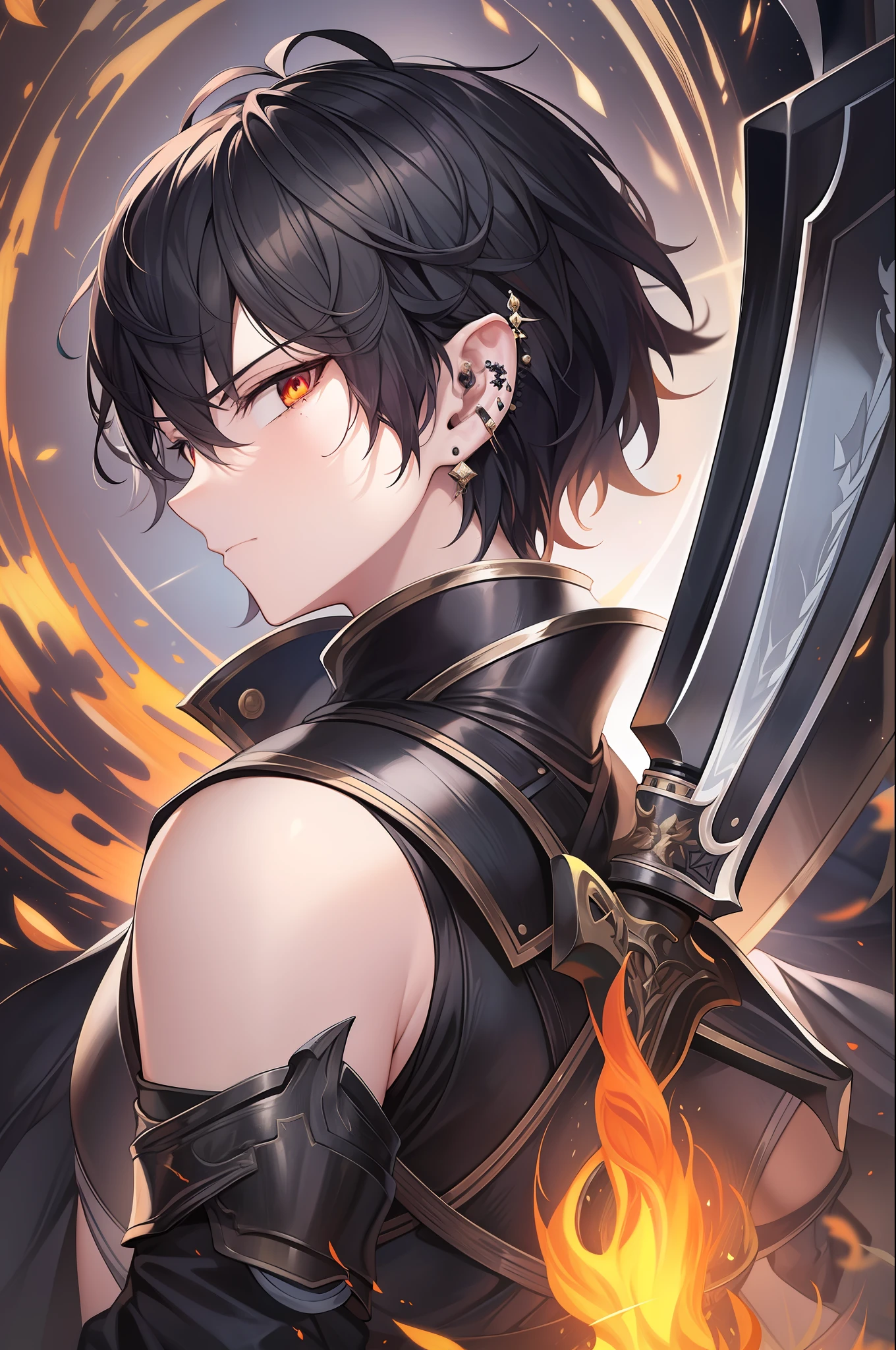 Fallen Angel,male people,ember,Short black hair,large black wings on the back,cool expression,Glaring,Holding a large sword with a flame effect in his right hand,Black Armor,full body Esbian,Bold poses,high-level image quality,hight resolution,8K,Fantasia,piercings,Plenty of detail,Final Quality,Fractal Art,​masterpiece,realisitic,