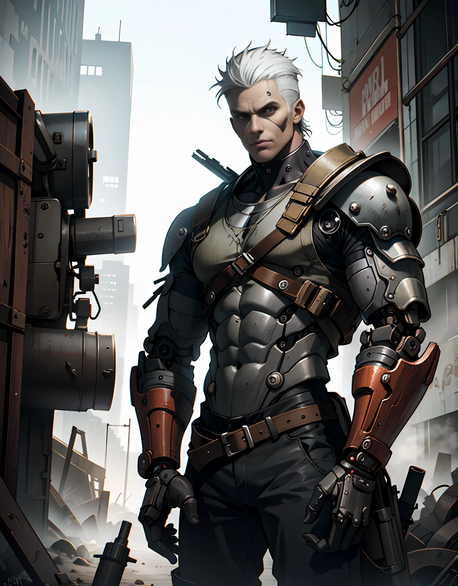 Raw foto,Dark_Fantasy, post-apocalyptic, mad max world, (Big Revolver, Red: 1.1), 1man, Mechanical Wonder, Robotic Presence, Cybernetic Guardian, white hair