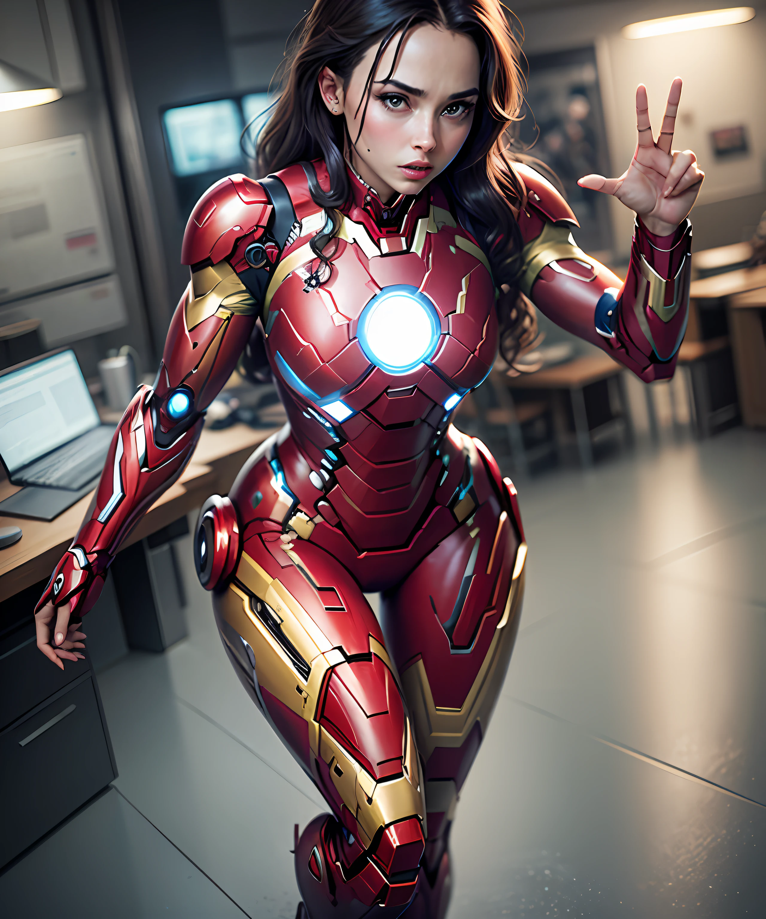 PC desktop, marvel style, The woman, hand forward, iron man style