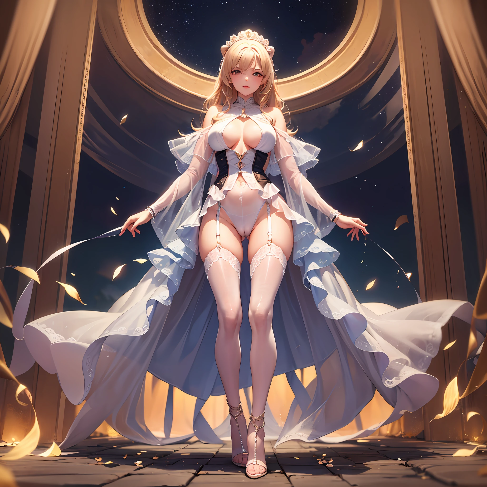 Masterpiece, a beautiful village female model, full body white transparent clothes standing under empty night stars, disappearing transparent pants, full body standing, tall figure, slender legs, facial details, detailed body part details, 8k wallpaper, ((cameltoe))