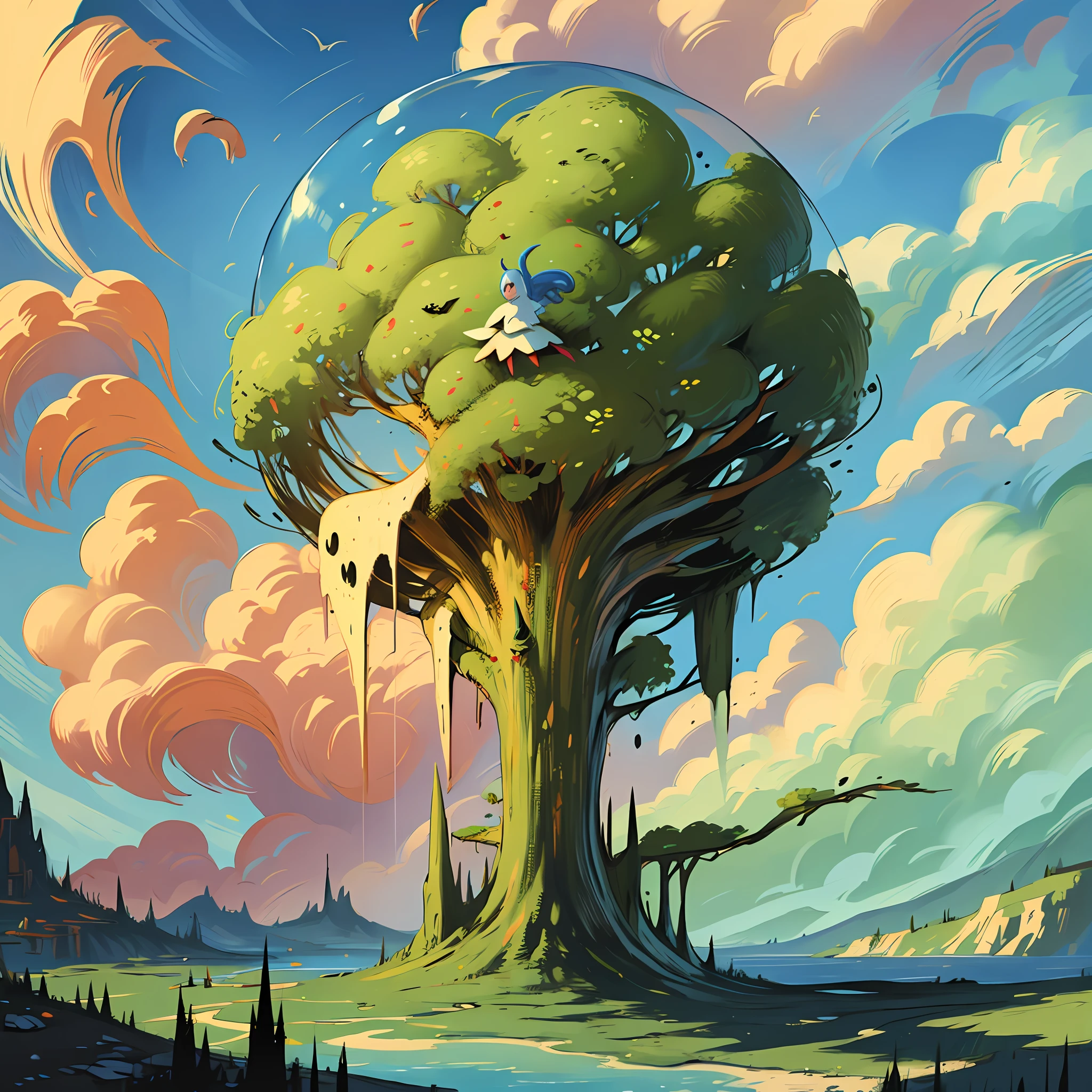 healthy power lightning tree heart fungi photo of an axolotl in space, Estilo de Laurie Greasley, ghibli studio, Akira Toriyama, Tiago Gilleard, Impacto Genshin, trending pixiv fanbox, acrylic palette knife, 4k, cores vibrantes, Devinart, trending on ArtStation, Detalhes baixo --auto