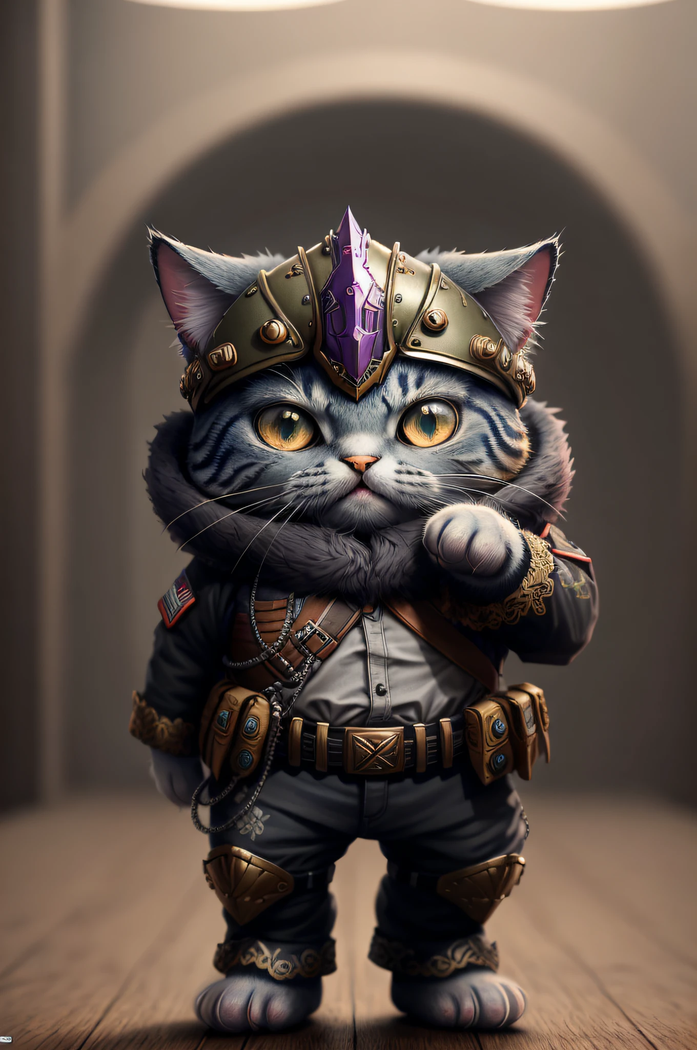 3dcute cat creature wearing army armor with detailed floral ornament, 1boy, olhos grandes, chibi, fotorrealista, hiperrealista, hiperdetalhado, estilo, quadril armado, recatado, corte baixo, renda preta, pele detalhada, pele fosca, soft-lighting, subsurface scatter, realista, sombra pesada, obra-prima, melhor qualidade, ultra realista, 8k, Intricate, High Detail, fotografia de filme, foco suave