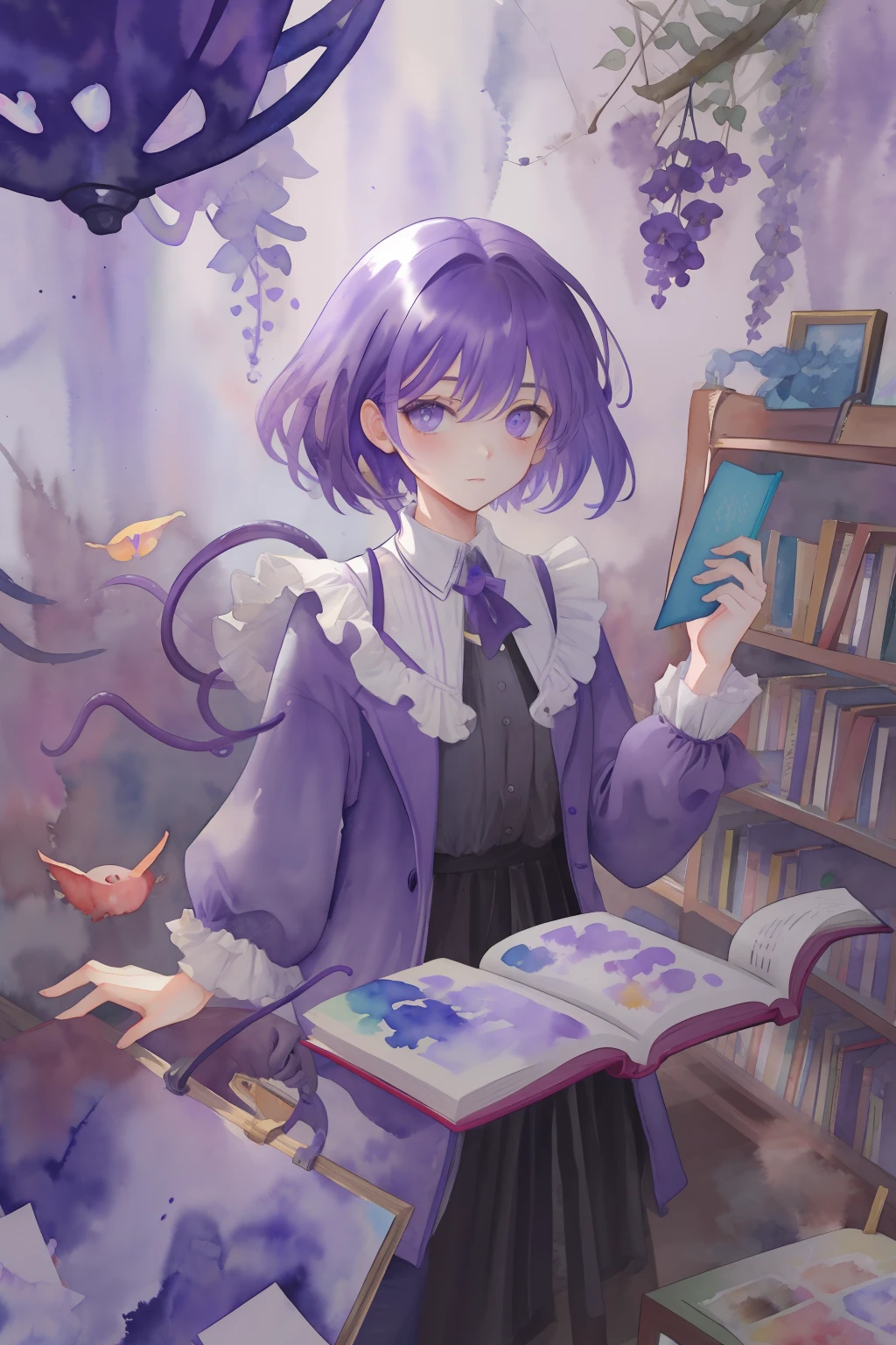 Amaranthine Pocket Watcher, grey-violet round body, violet slitted eye, vivid violet tentacles, floating amidst books, masterpiece, best quality, (in watercolor painting style)