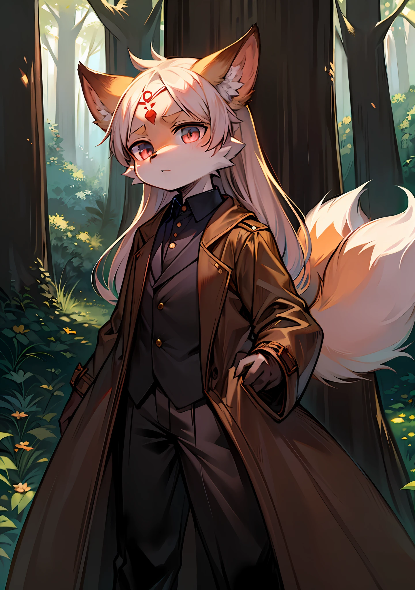 ln the forest,children's,Beast too,red fox,Wear a brown trench coat,Fluffy big tail,adolable,fica sozinha,There are moire lines on the forehead,Short stature,Short snout,largeeyes,meticuloso
