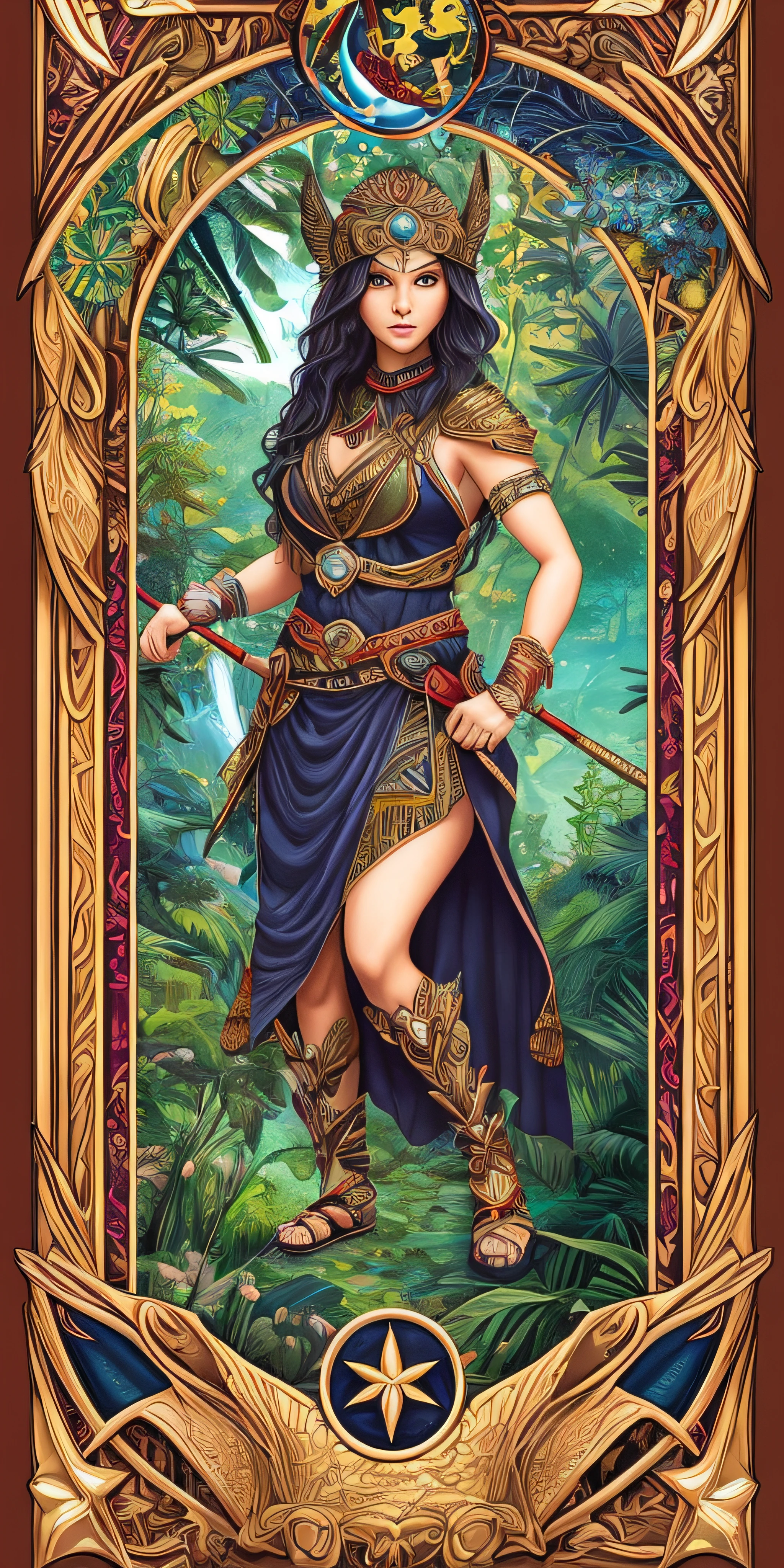 Warrior woman, Tarot card, mystic, floral borders, jungles, photorealistic , detailed --auto