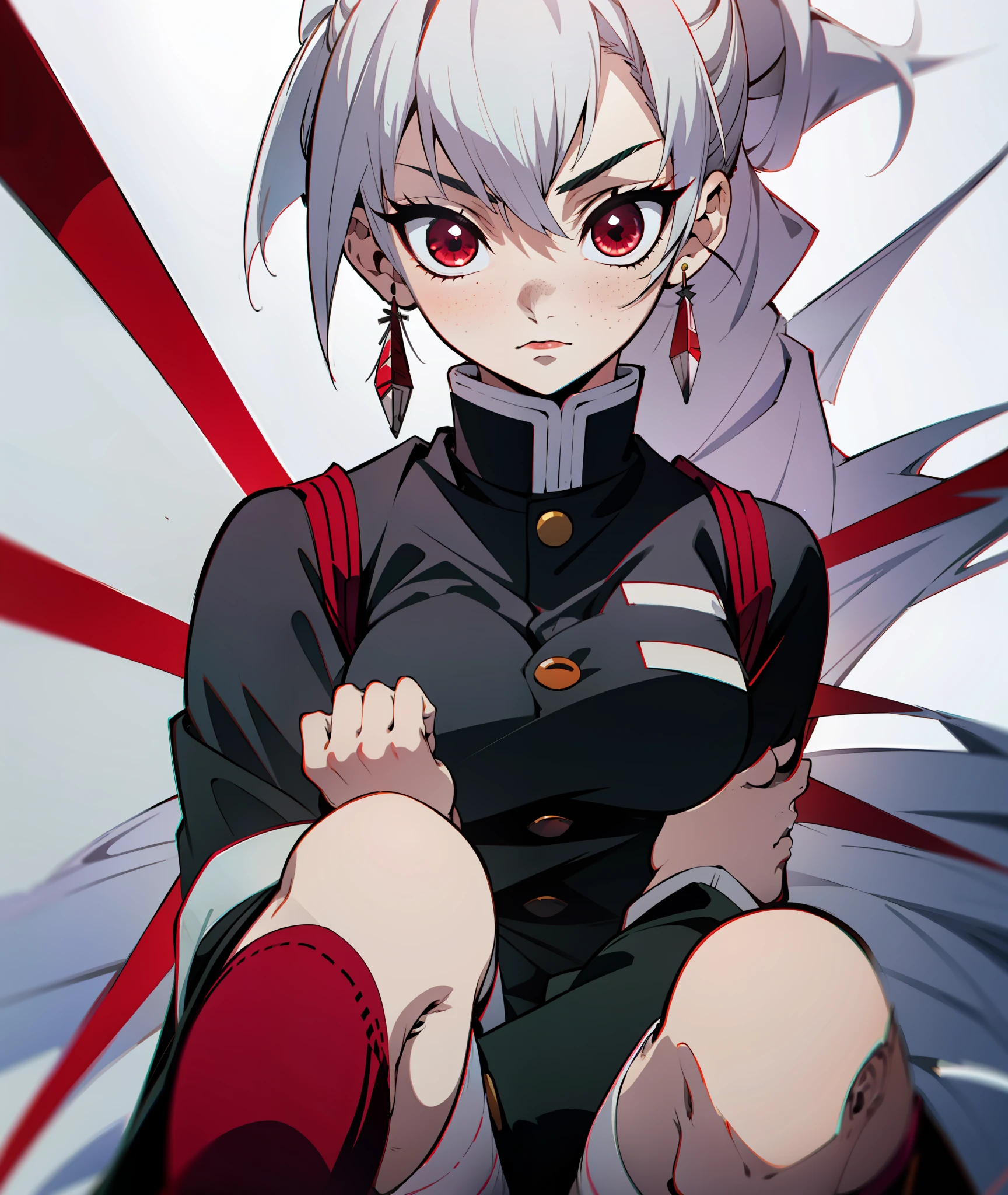 1girl, White hair, greyish red eyes, sharp eyes, eyeliner, jewelry, demon slayer uniform, high socks, dark red socks, confident, hair up, long hair, freckles