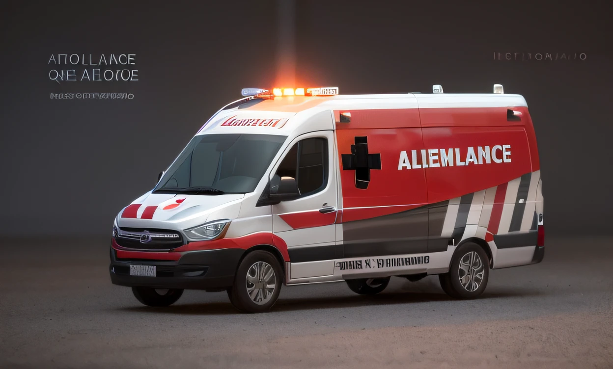Ambulance truck with red and white stripes, ambulance, high detailed illustration, Vehicle illustration, vehicle design, desenhado digitalmente, flying emergency vehicles, alta qualidade 3d realista, Modelo 3D, Modelo 3D, Directed by: Ivan Mrkvička, transportation design render, emergency, modelo 3d realista, cena detalhada, higher detailed illustration, altamente renderizado!! --auto