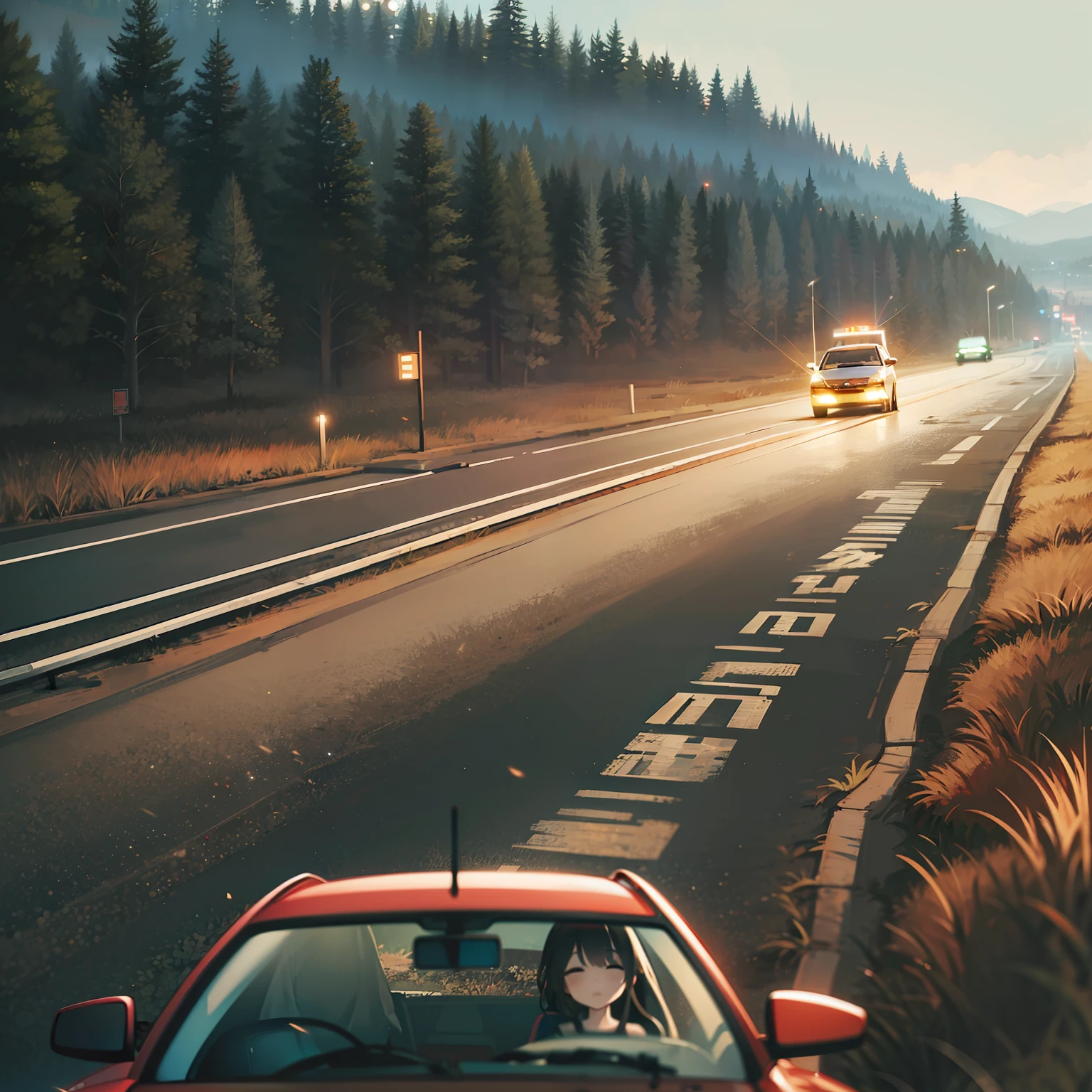 A stormy night,Young woman driving on a remote mountain road。