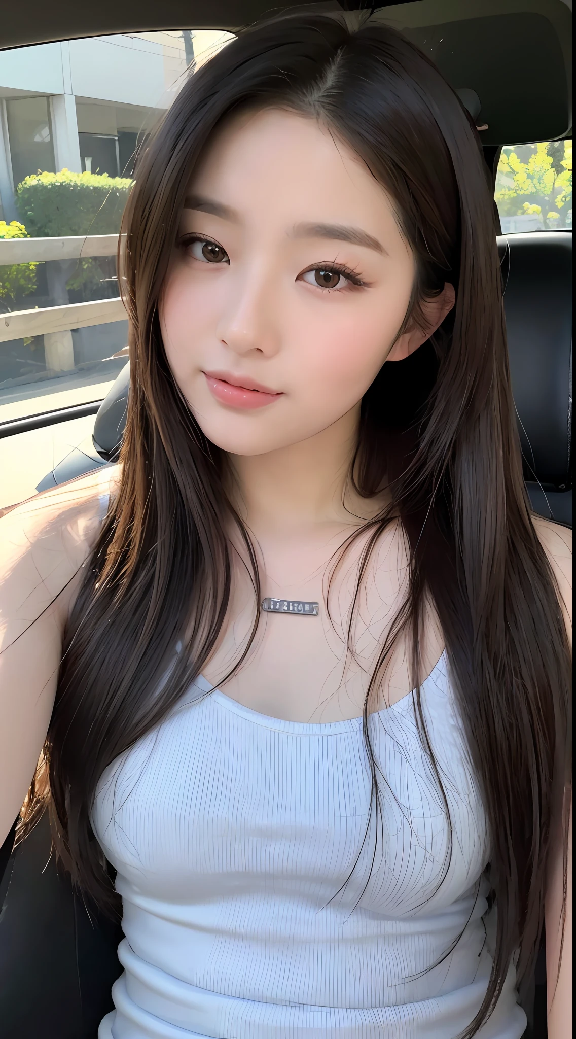 ((Best quality, 8k, Masterpiece :1.3)), Sharp focus :1.2, perfect figure beautiful woman:1.4, Slim abs:1.2, ((Layered Hair Style, mischievous expression:1.2)), (Tank top shirt:1.1 ), (inside car:1.2), Highly detailed facial and skin texture, A detailed eye, 二重まぶた