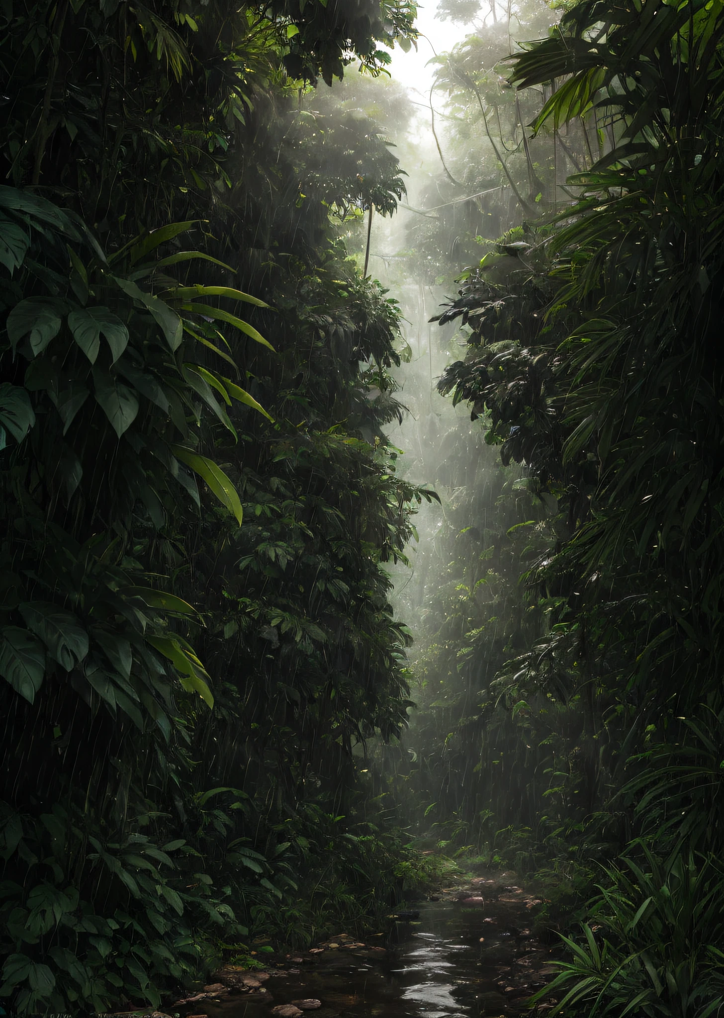 there is a stream running through a lush green forest, eerie jungle, wet lush jungle landscape, foggy jungle, dense jungle, thunder in the foggy jungle, rainforest, tropical forest, lush rain forest, in a tropical forest, deep jungle from another world, beautiful jungle, overgrown jungle, inside an alien jungle, tropical jungle, colombian jungle, jungle landscape, an alien jungle