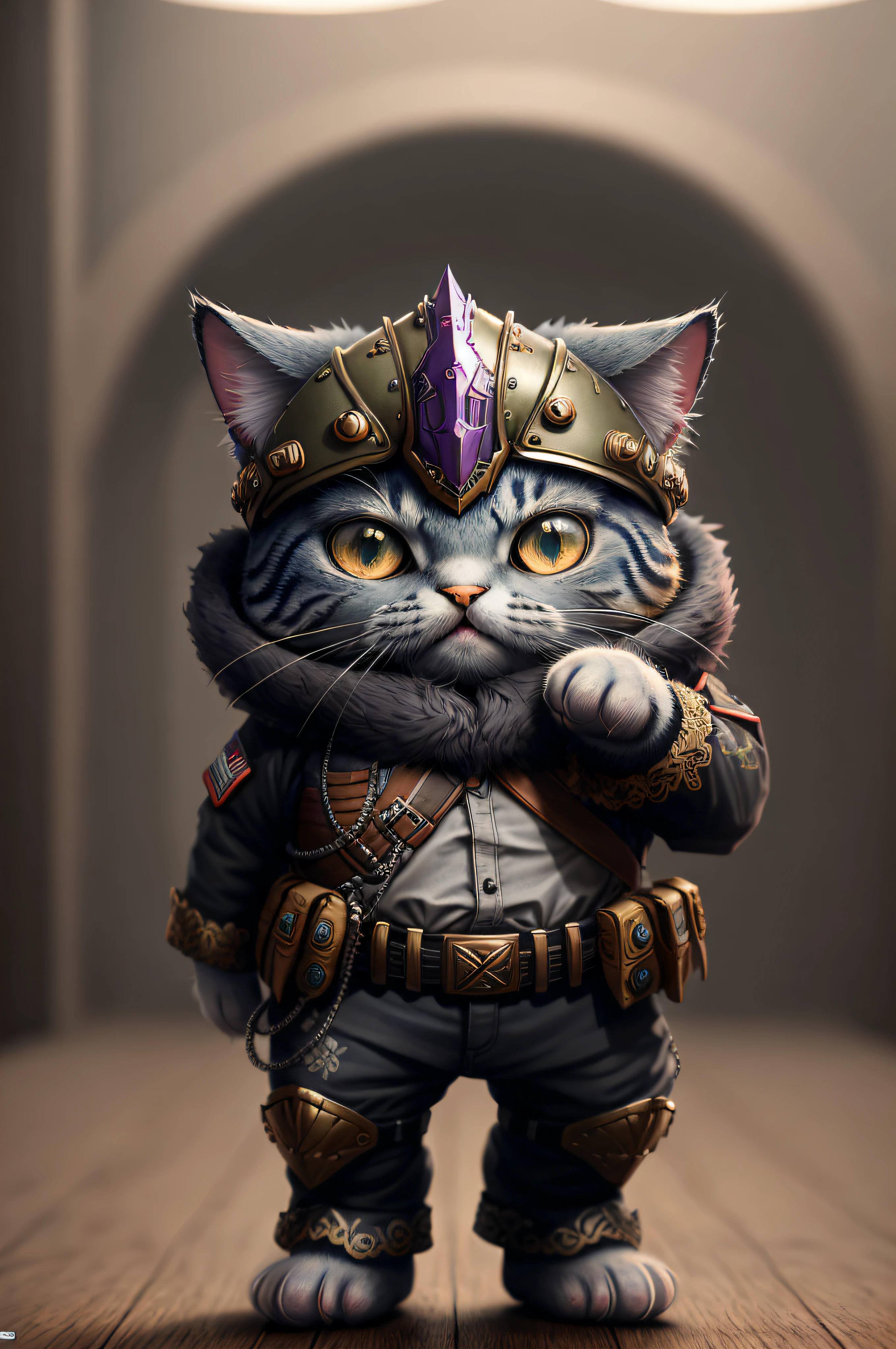 3dcute cat creature wearing army armor with detailed floral ornament, 1boy, olhos grandes, chibi, fotorrealista, hiperrealista, hiperdetalhado, estilo, quadril armado, recatado, corte baixo, renda preta, pele detalhada, pele fosca, soft-lighting, subsurface scatter, realista, sombra pesada, obra-prima, melhor qualidade, ultra realista, 8k, Intricate, High Detail, fotografia de filme, foco suave