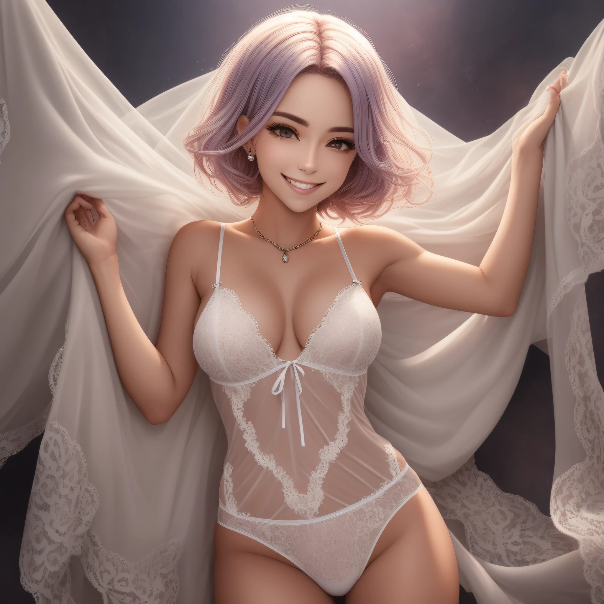 um lindo, Mulher extremamente feminina e gostosa com longos cabelos loiros lisos, smiling with open arms at me wearing only a lace nightgown and anime-style panties